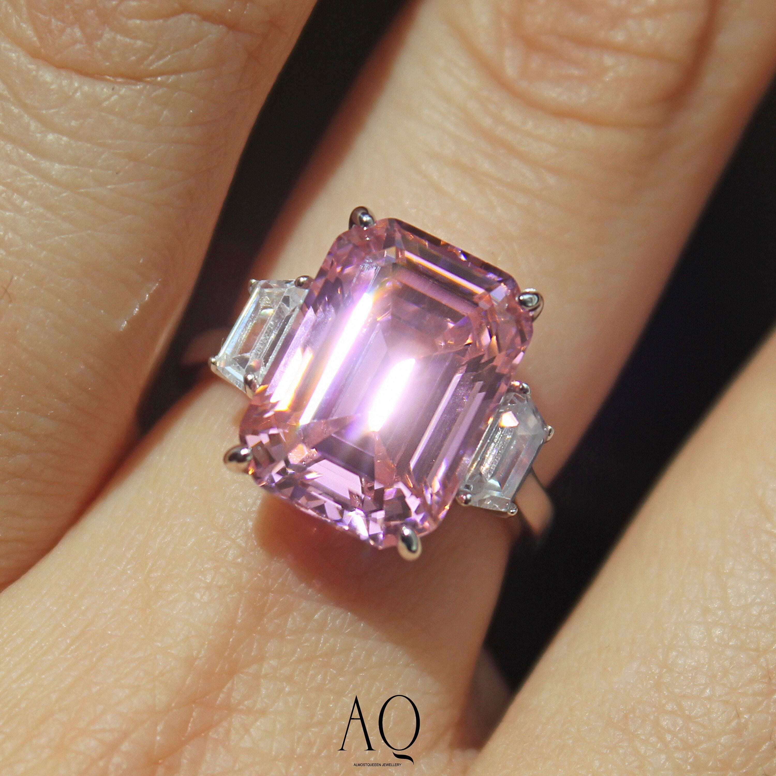 Barbiecore Cocktail Ring. Emerald Cut 10CT Pink Ring.