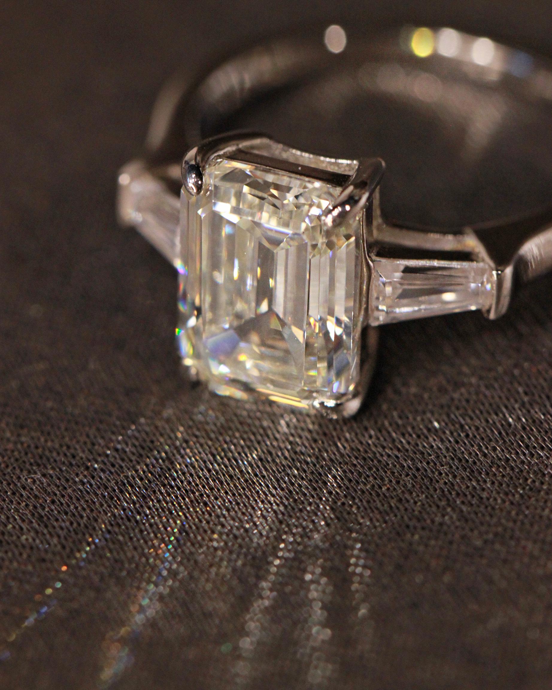 Ivory Emerald Cut Ring. Rhodium-plated Sterling Silver 925 + High Carbon Diamonds.