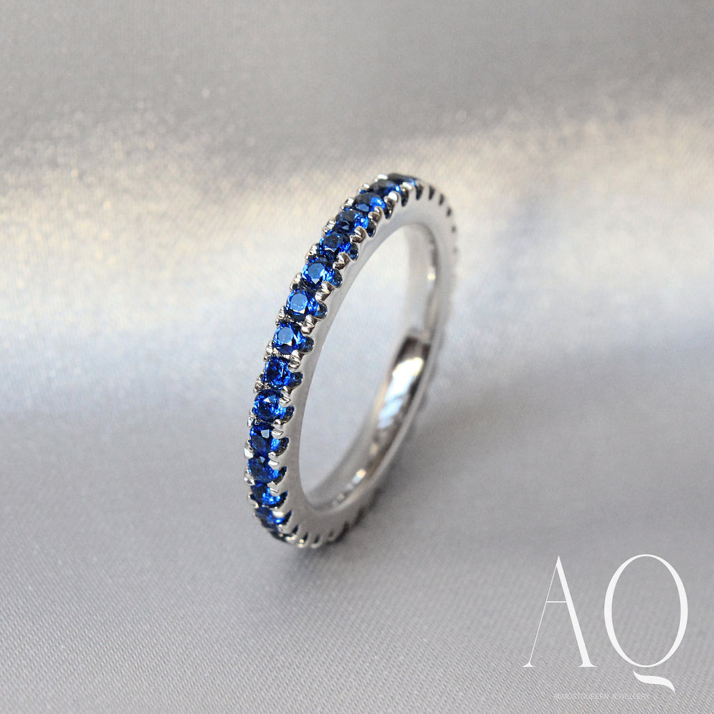 Blue Thin Eternity Ring. Rhodium-plated Sterling Silver 925 + High Carbon Diamonds.