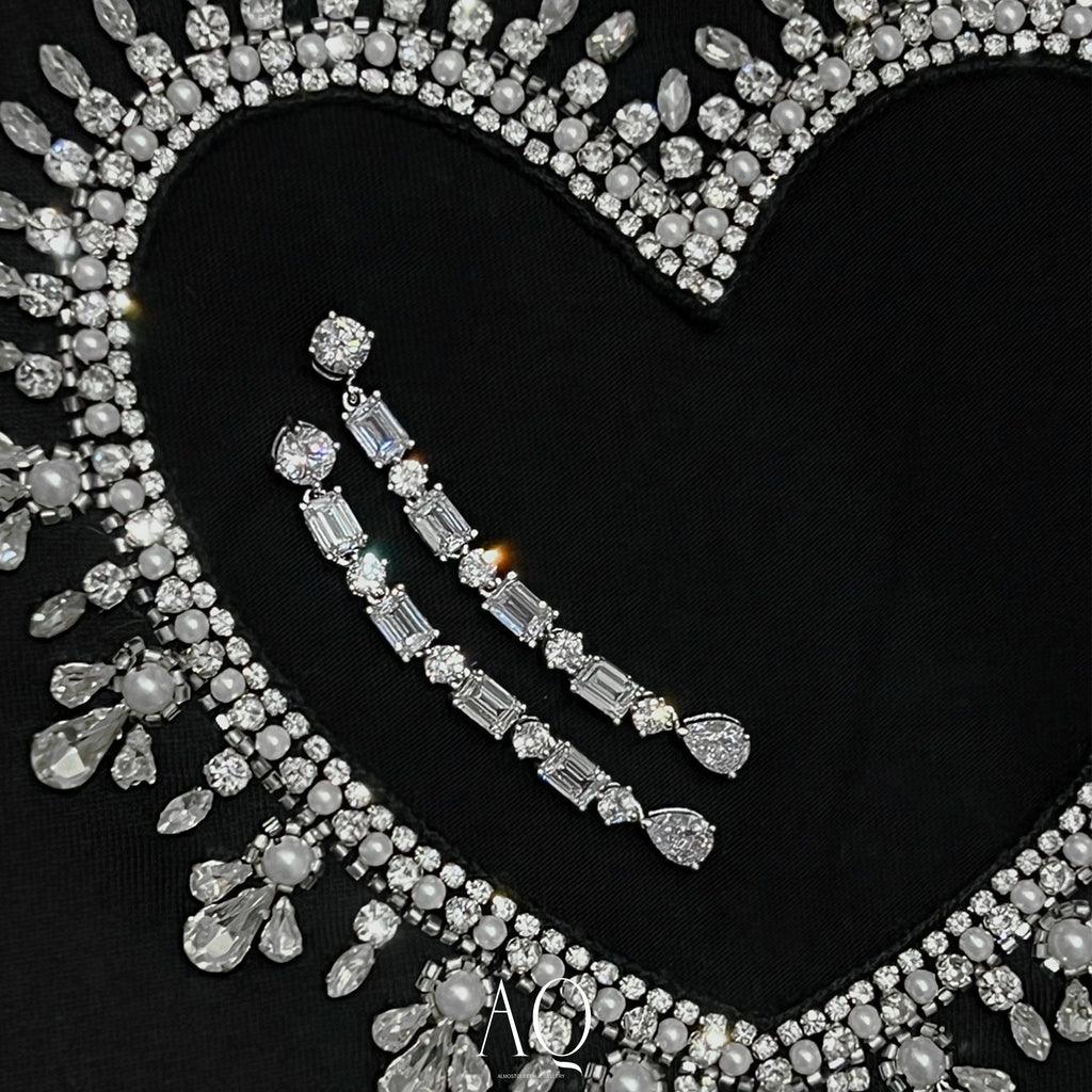 Long Multi-Shape Statement Earrings: Emerald, Diamond & Pear Cuts.