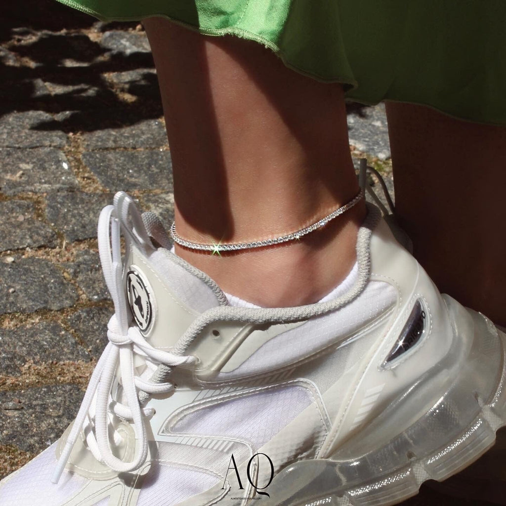Sterling Silver Tennis Anklet: High Carbon Diamonds, Adjustable.