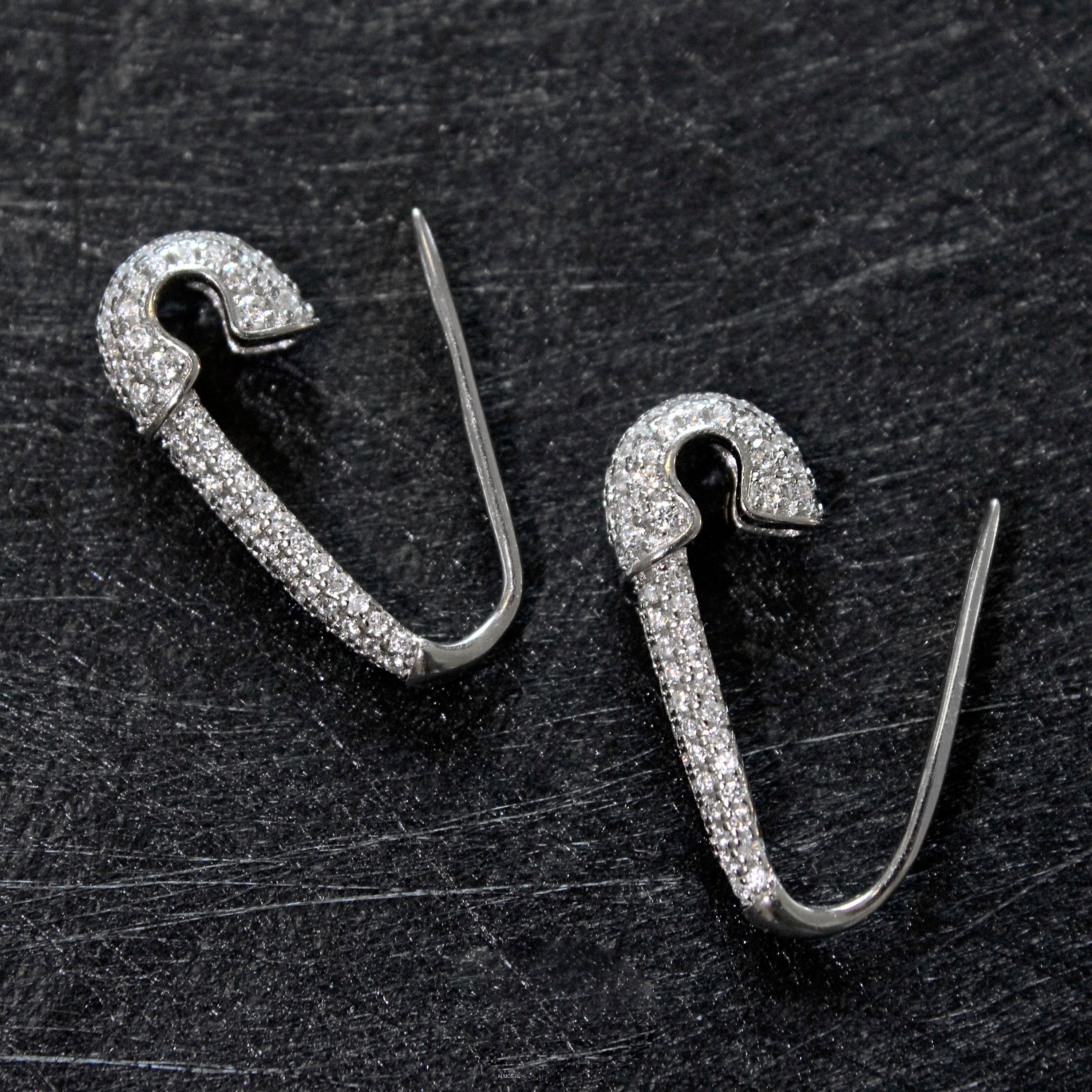 Edgy Punk Safety Pin Earrings. Rhodium-plated Sterling Silver 925 + High Carbon Diamonds.