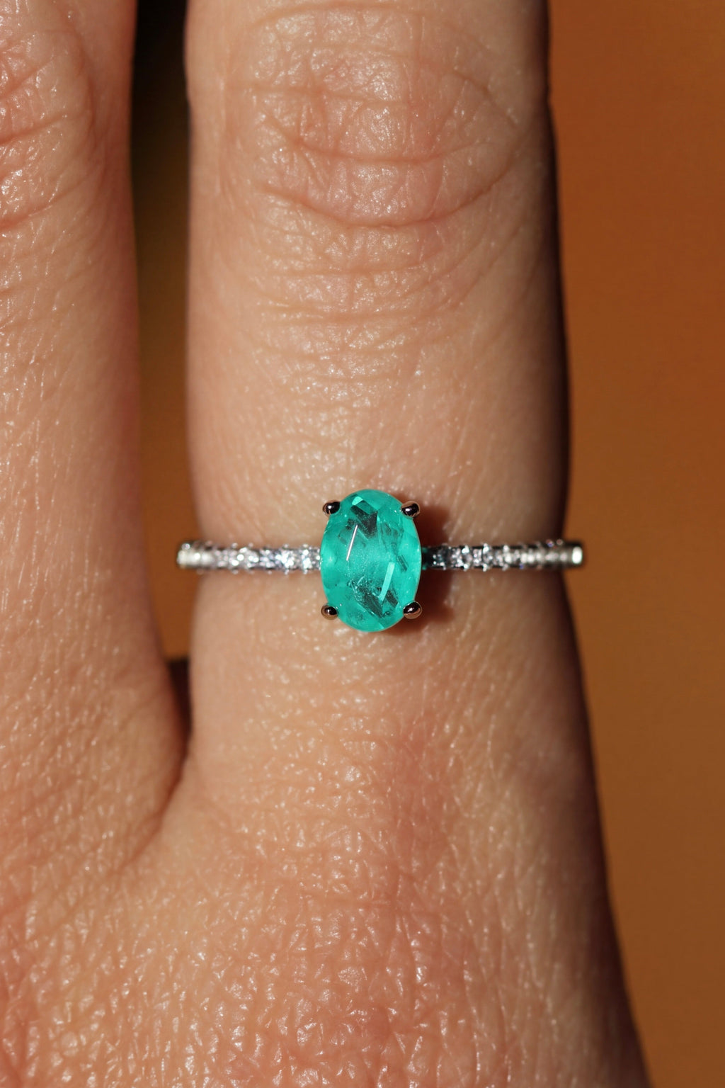 Petite Paraiba Oval Ring. Rhodium-plated Sterling Silver + High Carbon Diamonds