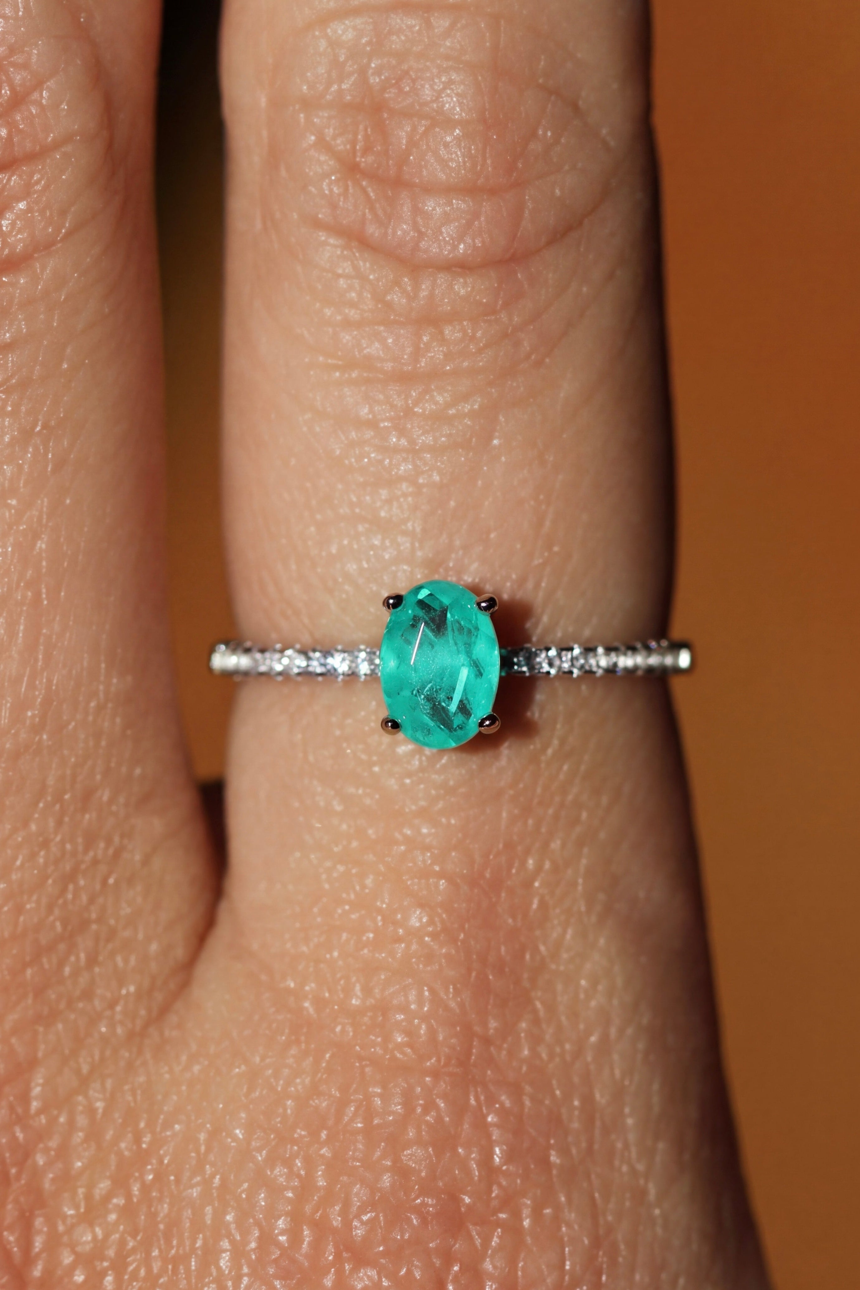 Petite Paraiba Oval Ring. Rhodium-plated Sterling Silver + High Carbon Diamonds