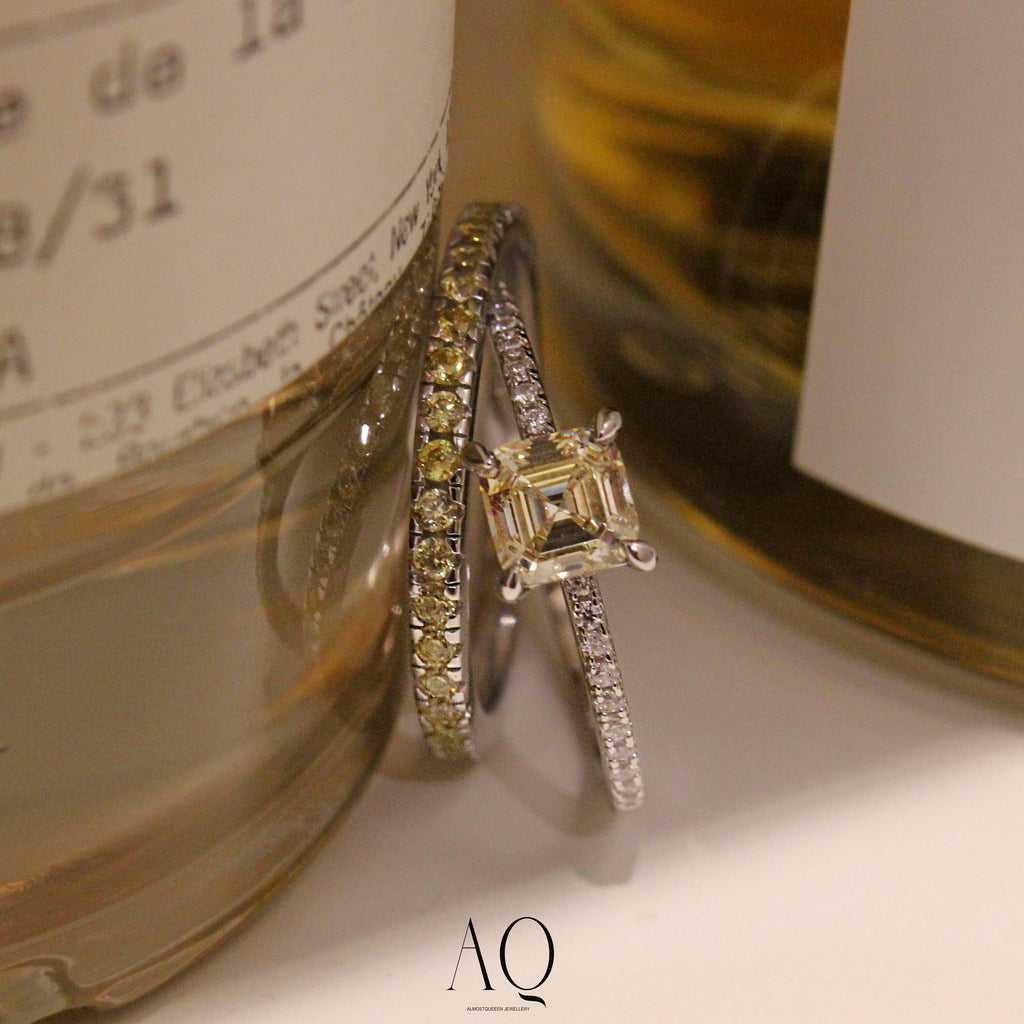 Champagne-Yellow Square Ring. High Carbon Diamonds + Rhodium-plated Sterling Silver 925