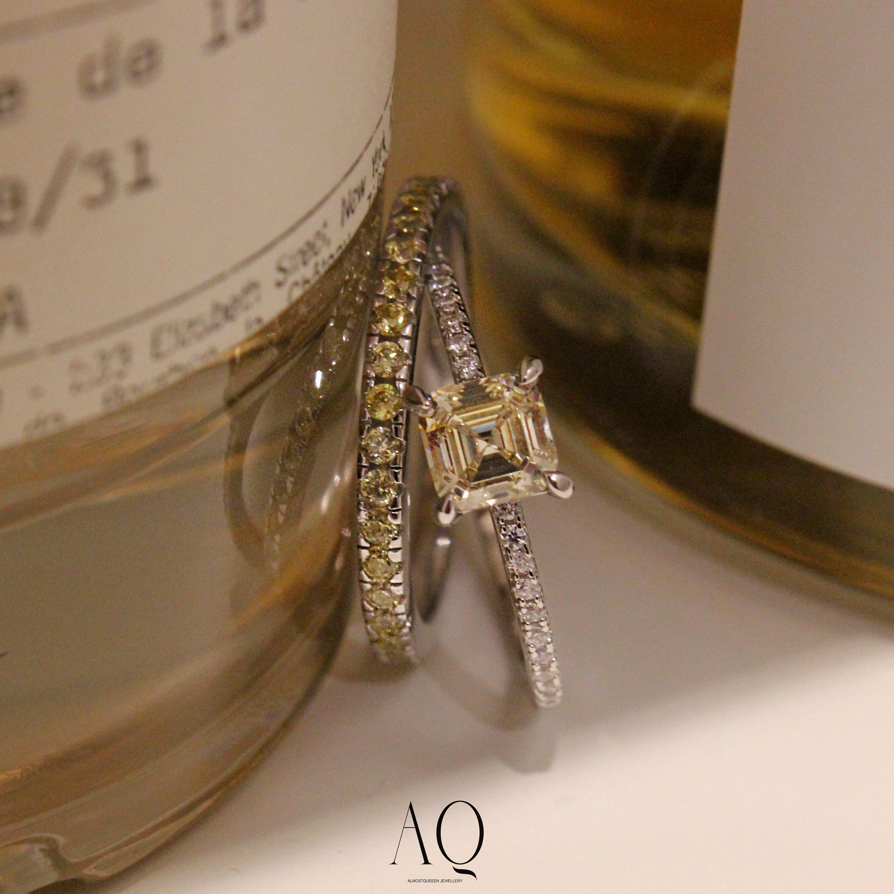 Champagne-Yellow Square Ring. High Carbon Diamonds + Rhodium-plated Sterling Silver 925