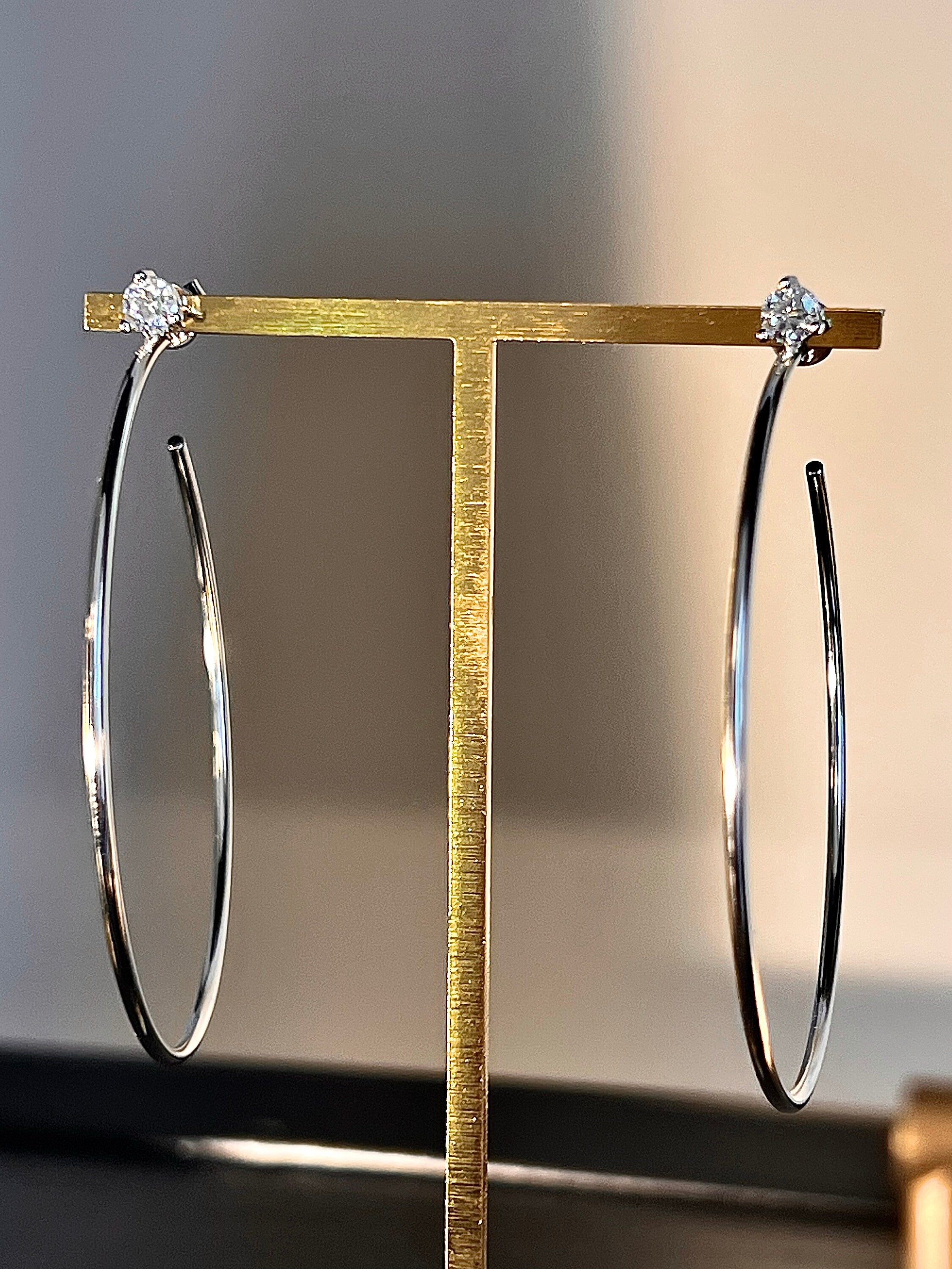 Moissanite Hoop Earrings. Diamond Cut Stone 6 mm. Sterling Silver 925.