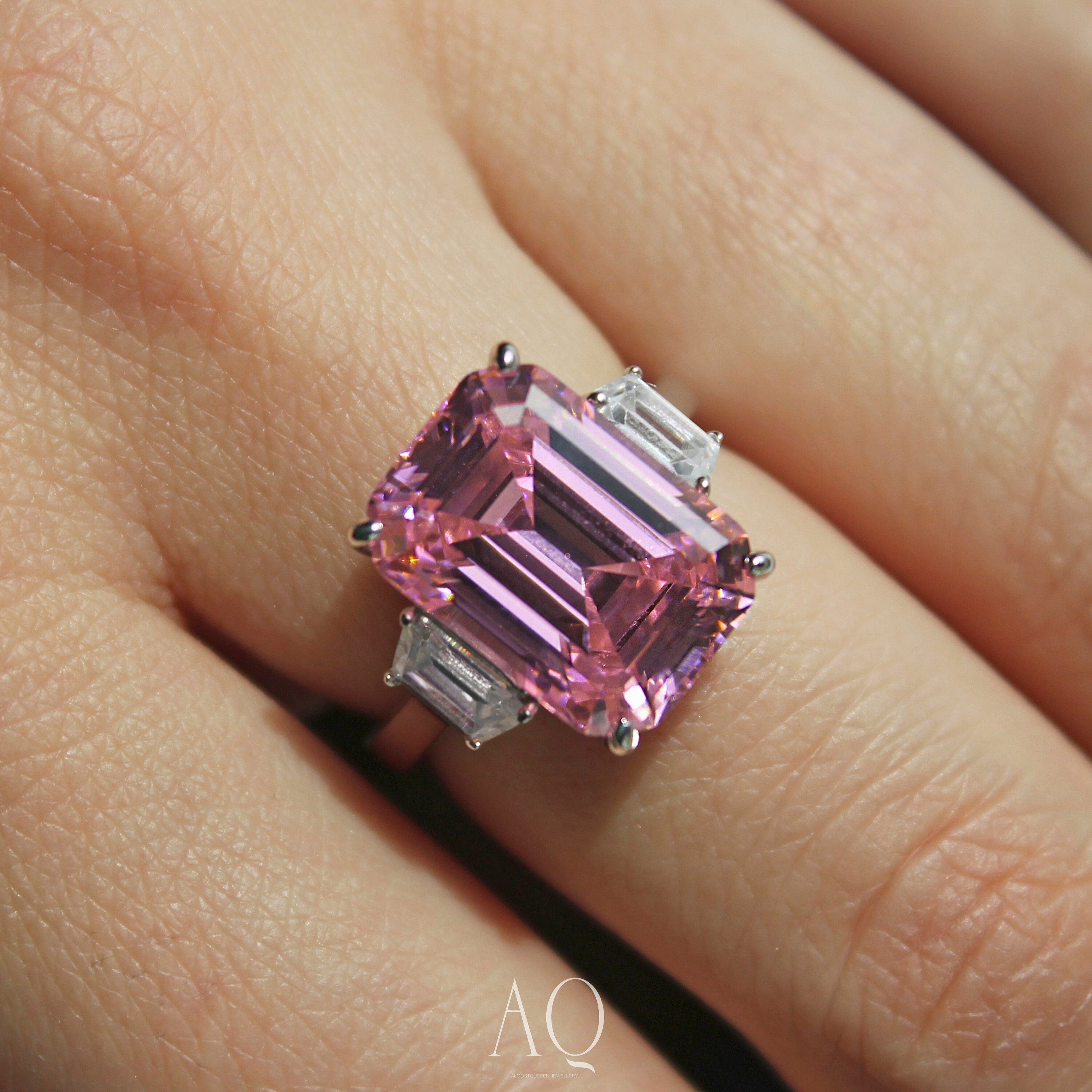 Barbiecore Cocktail Ring. Emerald Cut 10CT Pink Ring.
