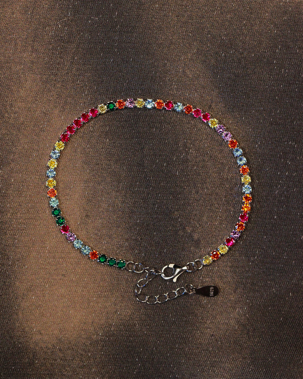 Vibrant tennis anklet. Sterling silver 925 anklet with colorful high carbon diamonds