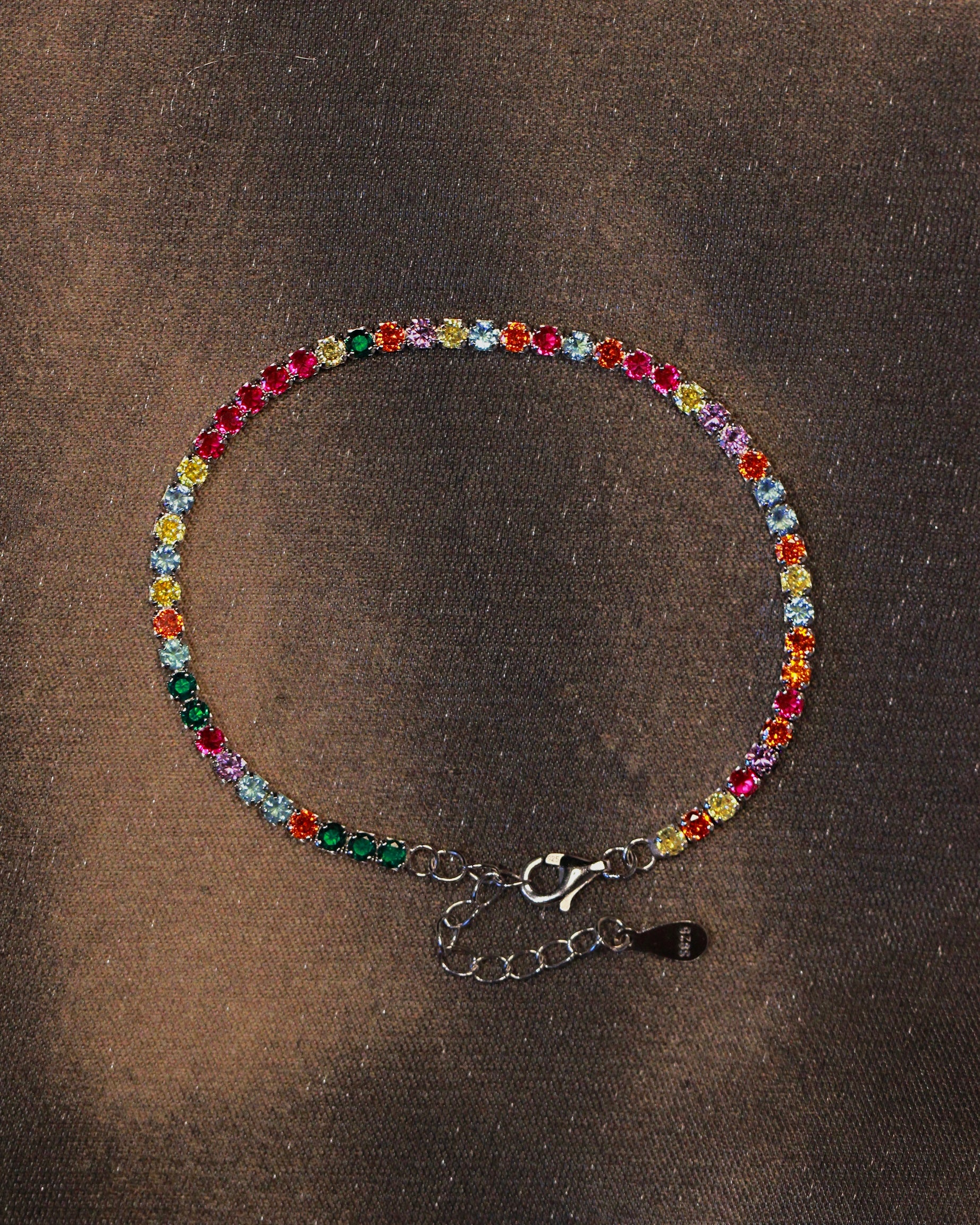 Vibrant tennis anklet. Sterling silver 925 anklet with colorful high carbon diamonds