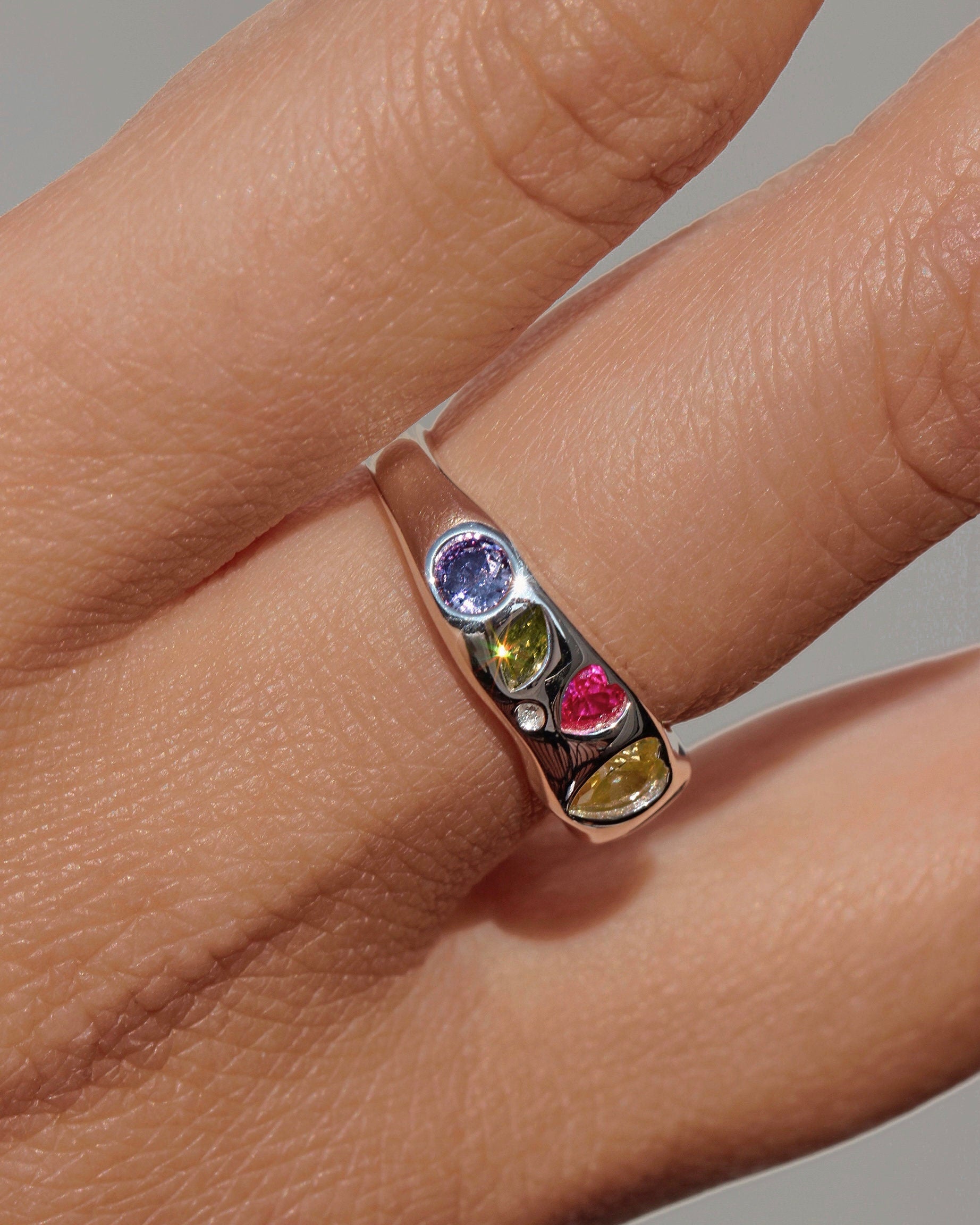 Resizable Sterling Silver Ring with Colorful High Carbon Diamonds