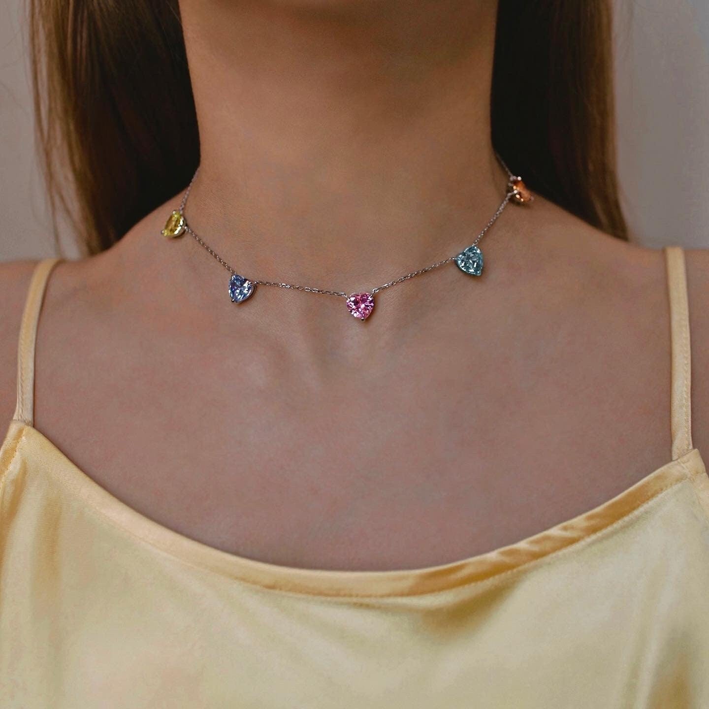 Rainbow Hearts Necklace. Rhodium-plated Sterling Silver 925 + High Carbon Diamonds.