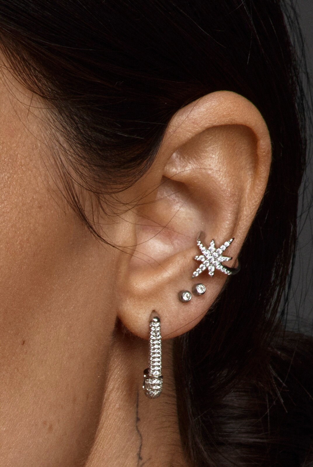 Star Ear Cuff. Rhodium-plated Sterling Silver 925 + High Carbon Diamonds. No Piercing Jewelry.