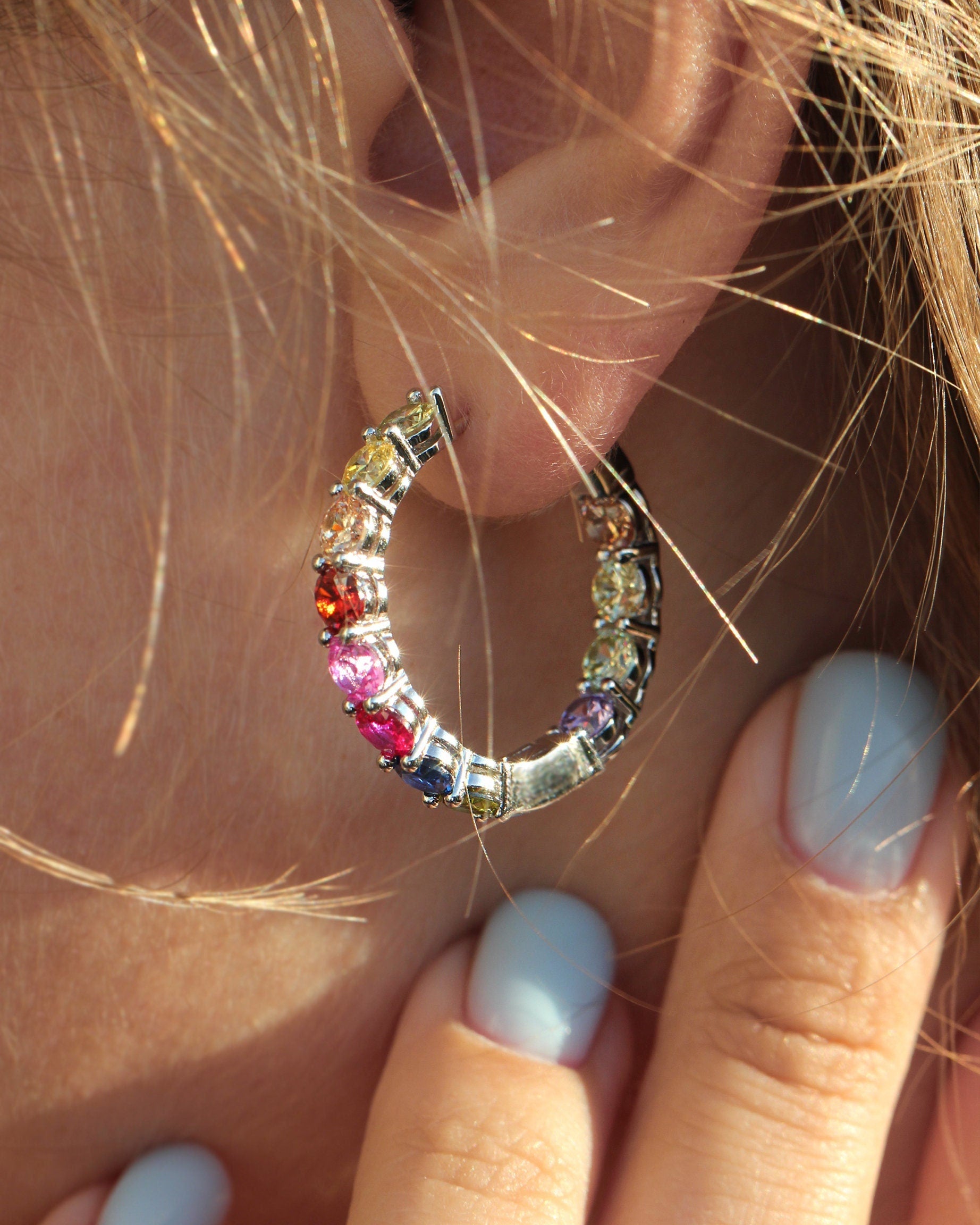 "Festival Of Joy" Colorful Hoop Earrings. Rhodium-plated Sterling Silver 925 + High Carbon Diamonds.
