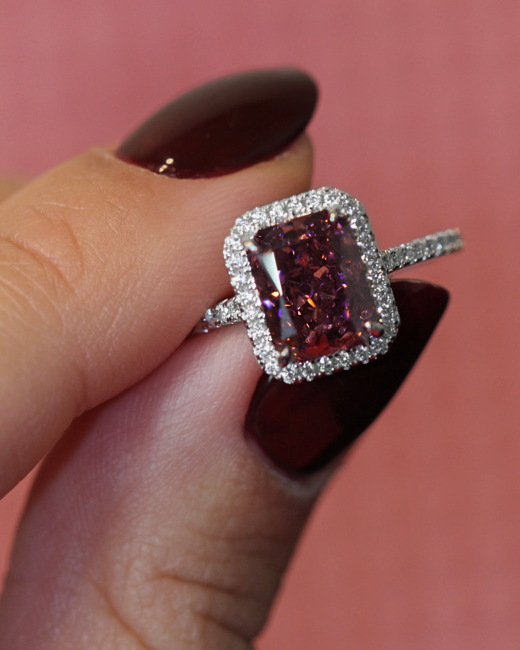 Burgundy Gorgeous Ring. Rhodium-silver 925 + high carbon diamonds.