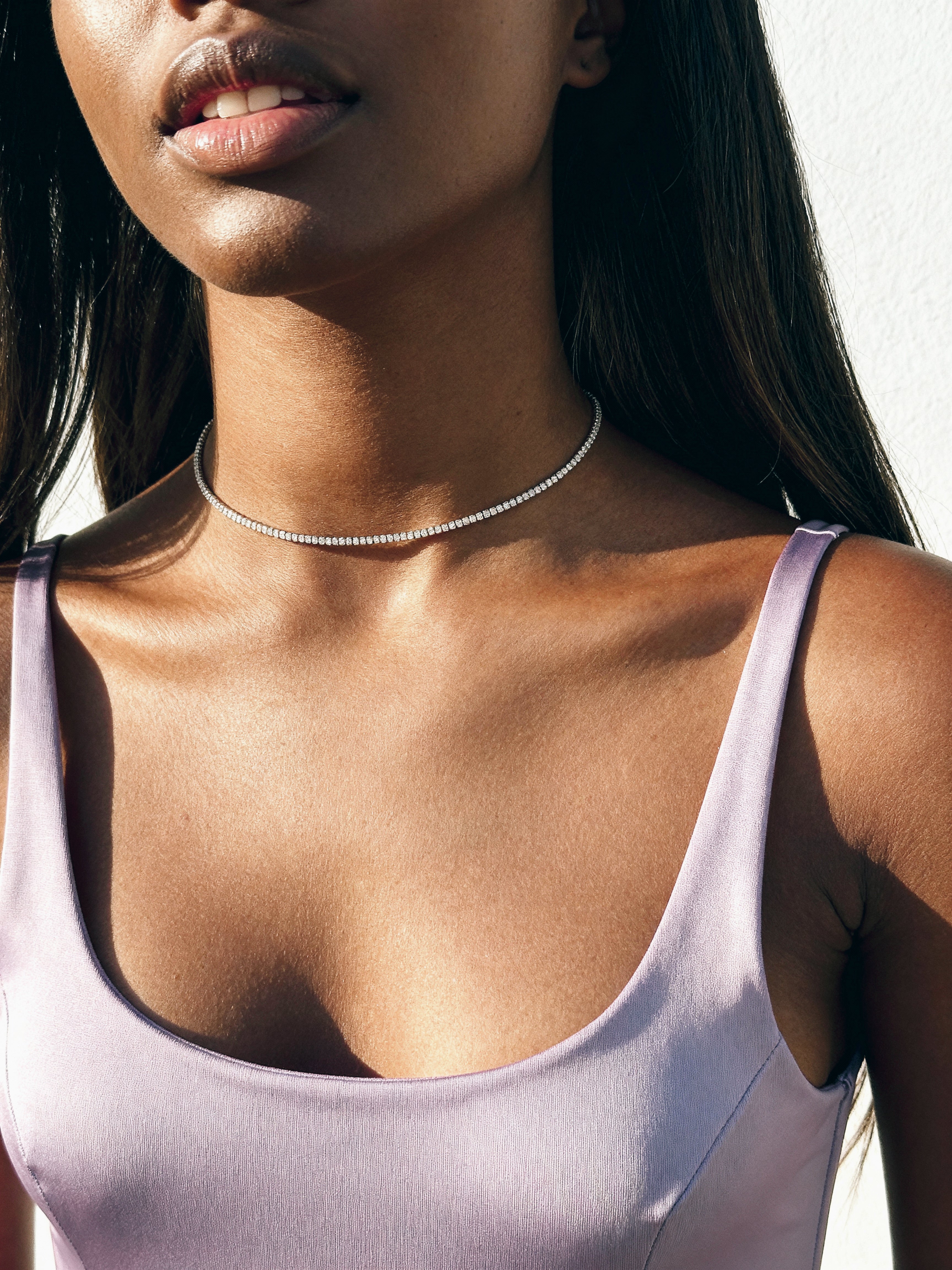 Thin Tennis Choker: Rhodium-plated Sterling Silver 925 + High Carbon Diamonds.