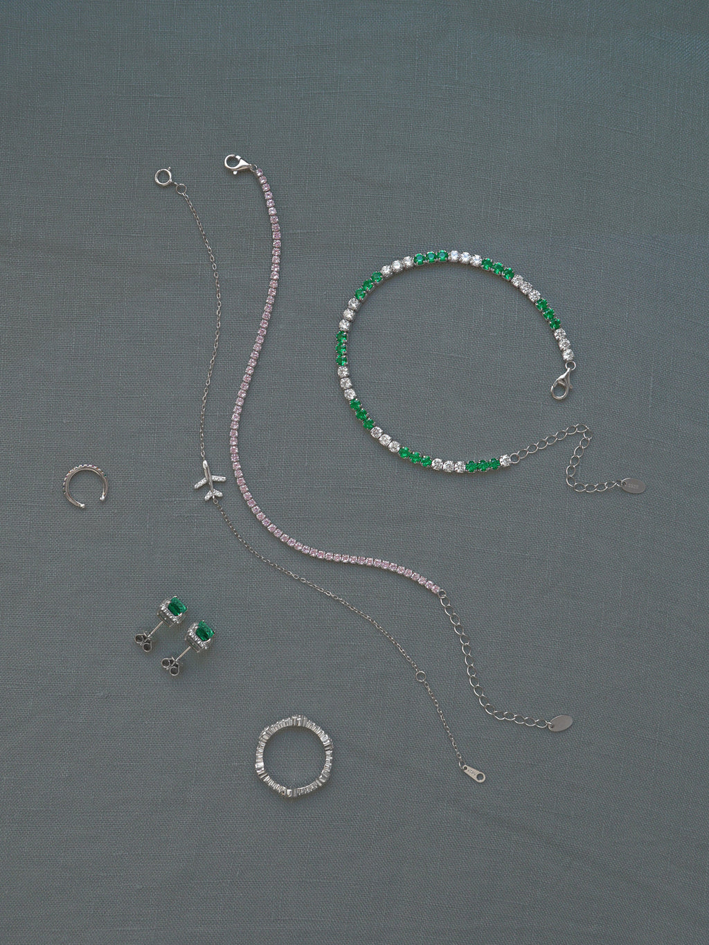 Green & White Tennis Bracelet. Rhodium-plated Sterling Silver 925 + High Carbon Diamonds.