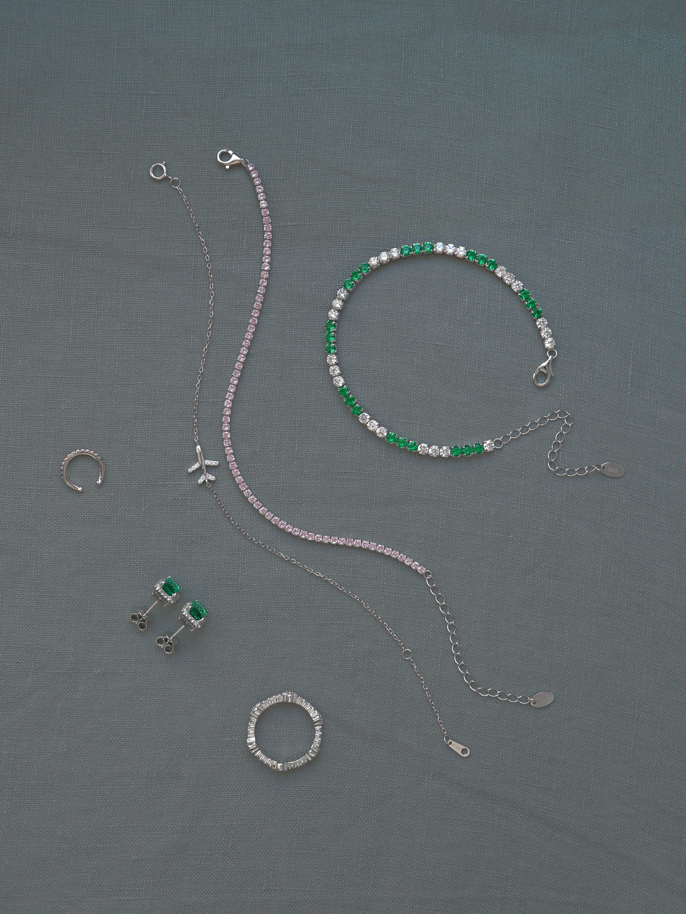 Green & White Tennis Bracelet. Rhodium-plated Sterling Silver 925 + High Carbon Diamonds.