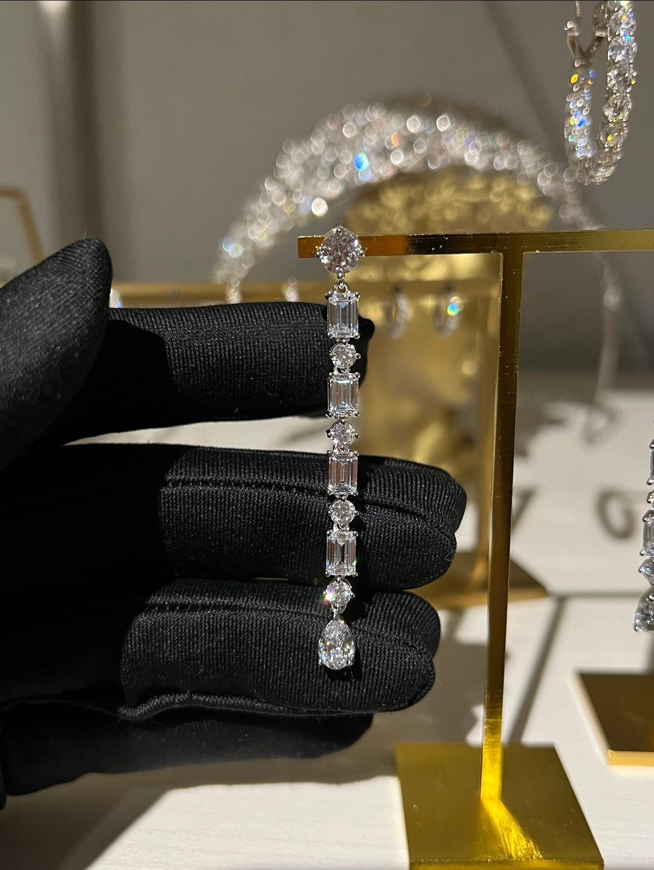 Long Multi-Shape Statement Earrings: Emerald, Diamond & Pear Cuts.