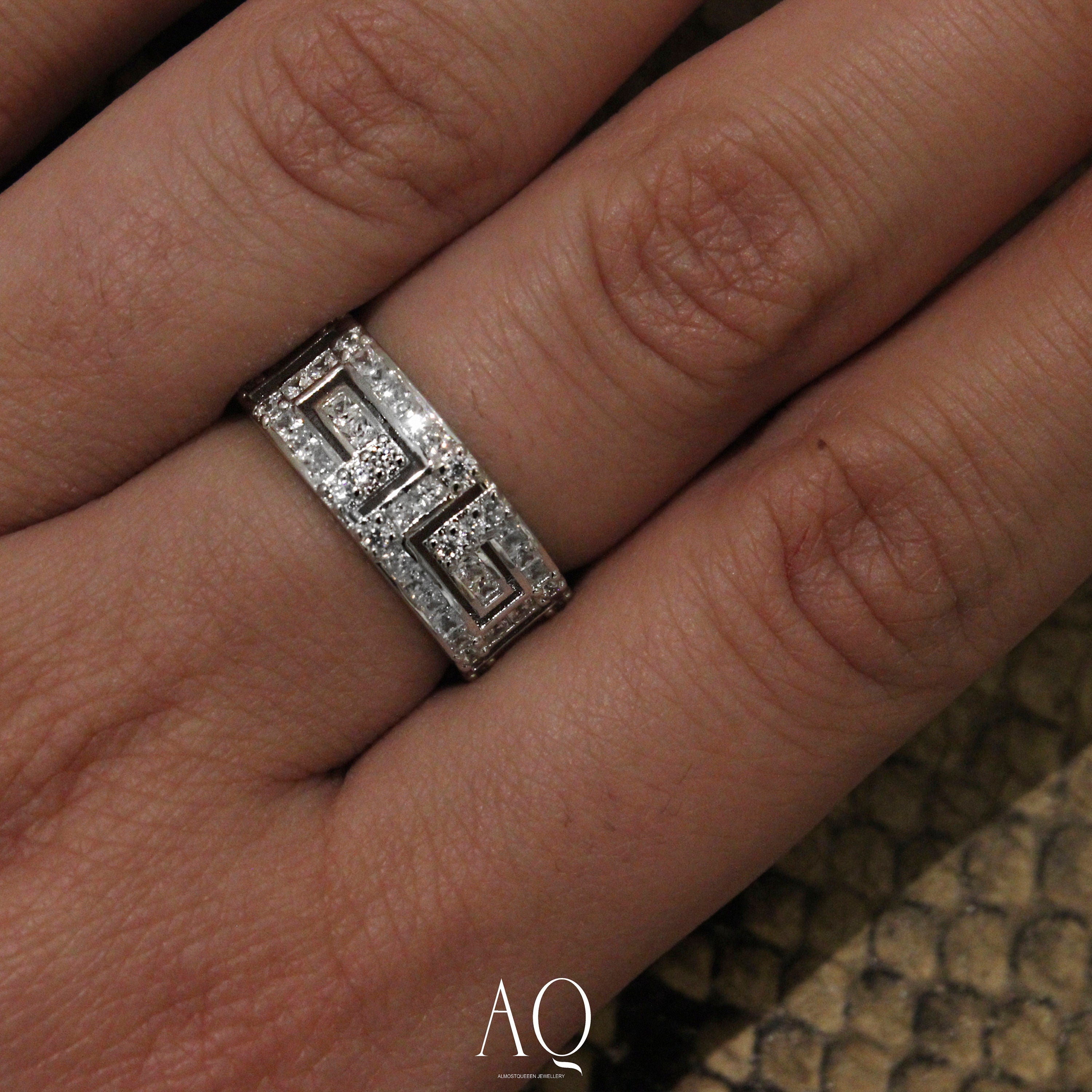 Antique Pattern Sterling Silver Ring: High Carbon Diamond Wide Band