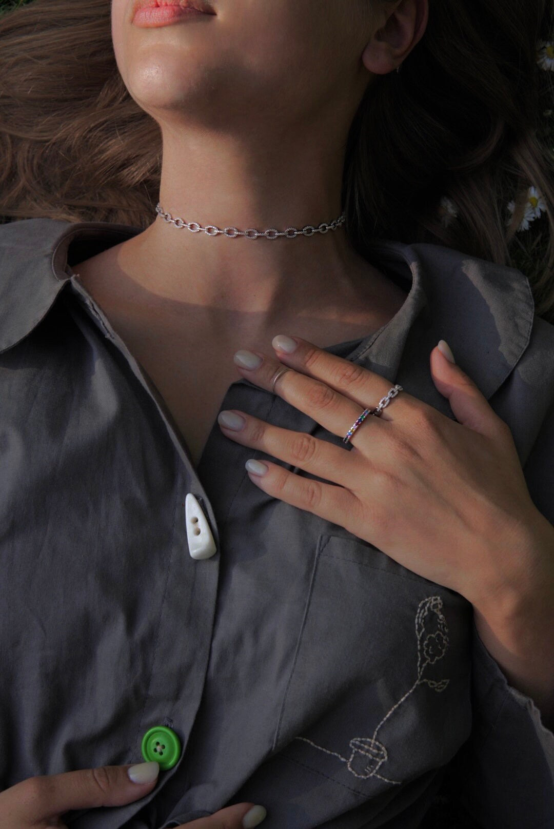Chain Choker. Rhodium Plated Sterling Silver 925 + High Carbon Diamonds