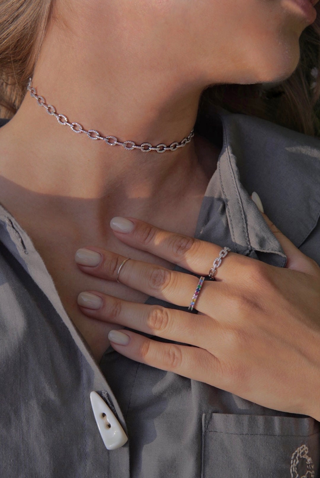 Chain Choker. Rhodium Plated Sterling Silver 925 + High Carbon Diamonds