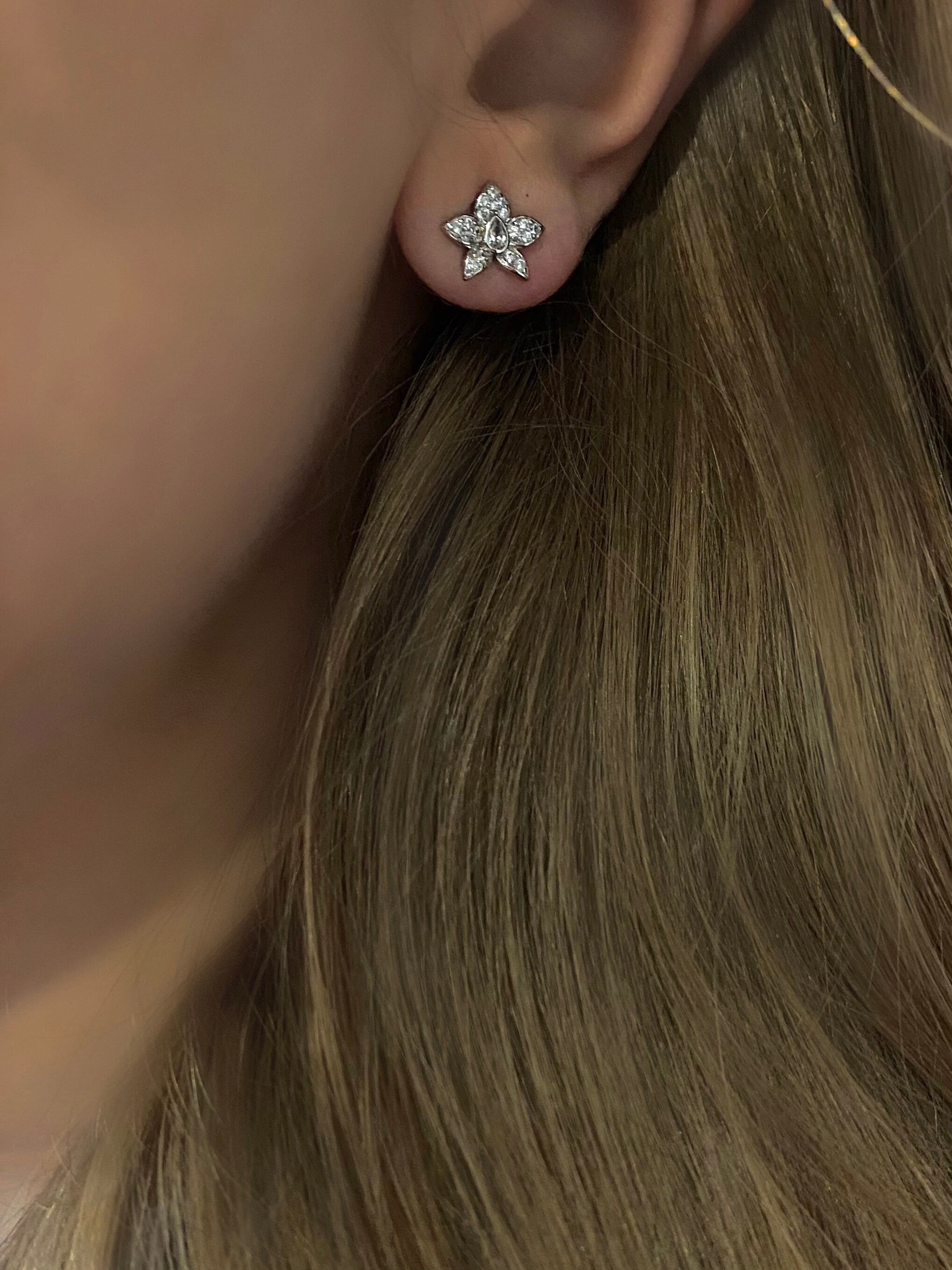 Tiny Orchid Stud Earrings. Rhodium-plated Sterling Silver 925 + High Carbon Diamonds. Flower Earrings.