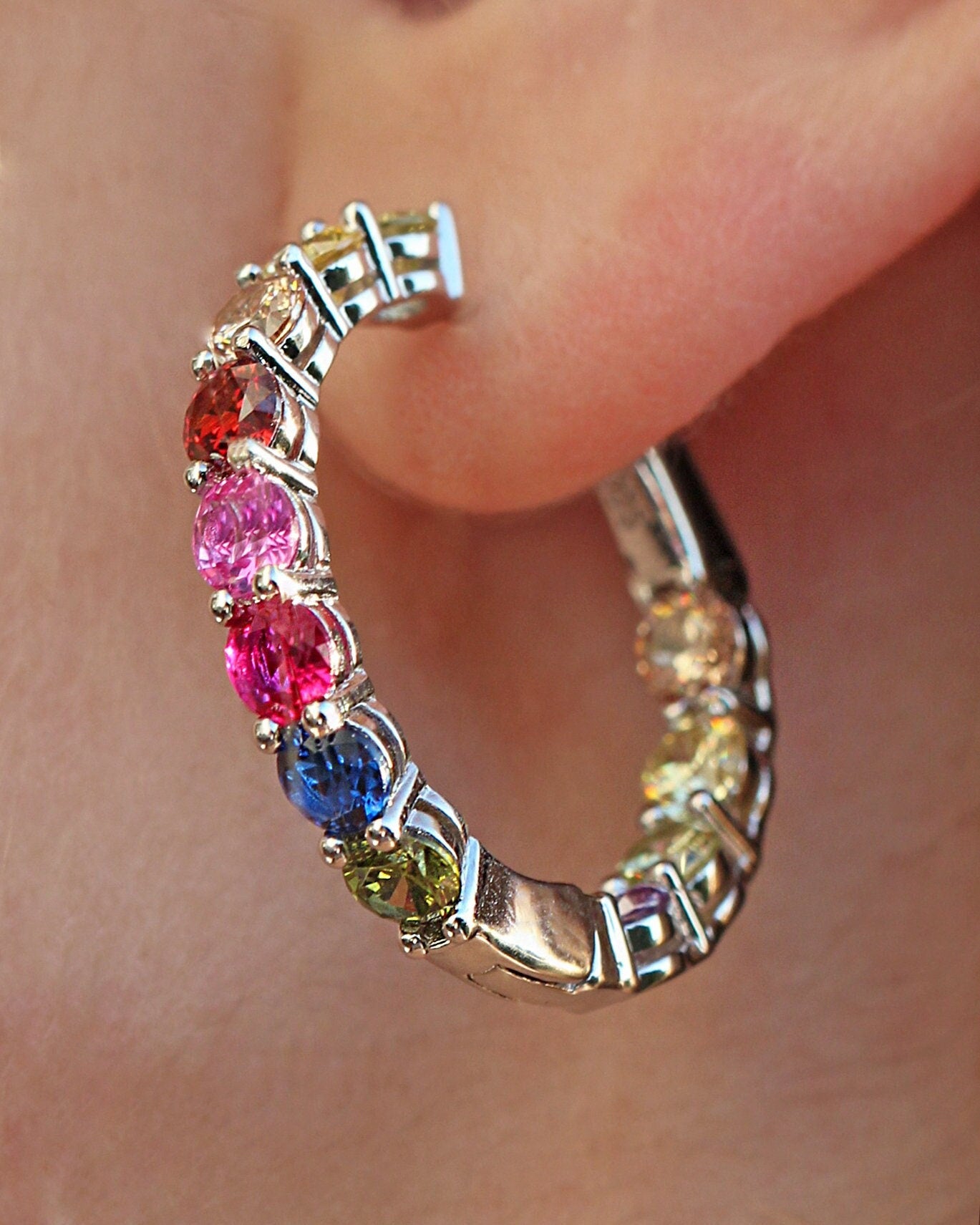 "Festival Of Joy" Colorful Hoop Earrings. Rhodium-plated Sterling Silver 925 + High Carbon Diamonds.