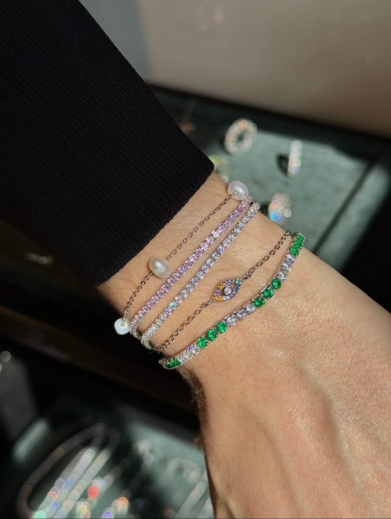 Green & White Tennis Bracelet. Rhodium-plated Sterling Silver 925 + High Carbon Diamonds.