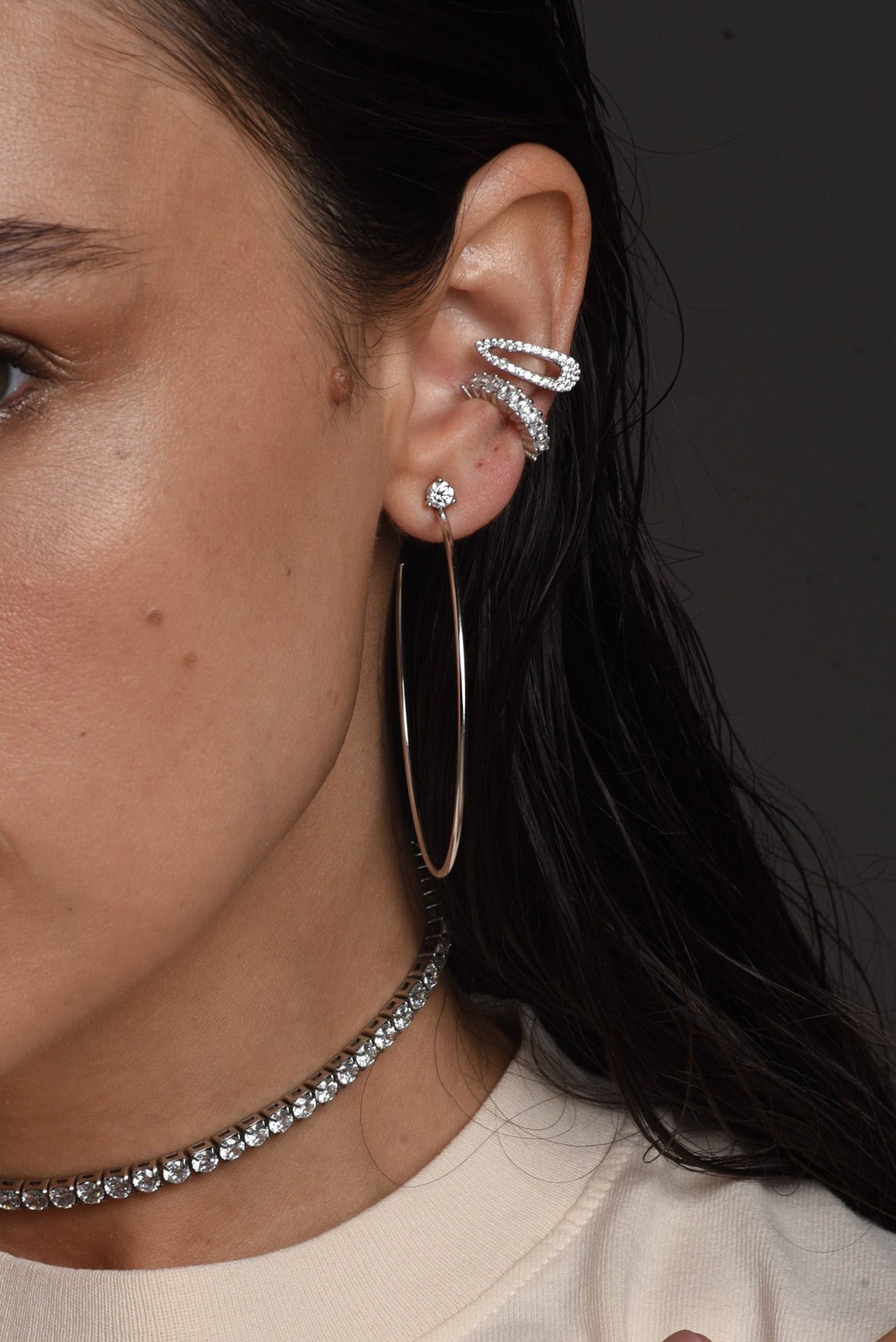 Moissanite Hoop Earrings. Diamond Cut Stone 6 mm. Sterling Silver 925.