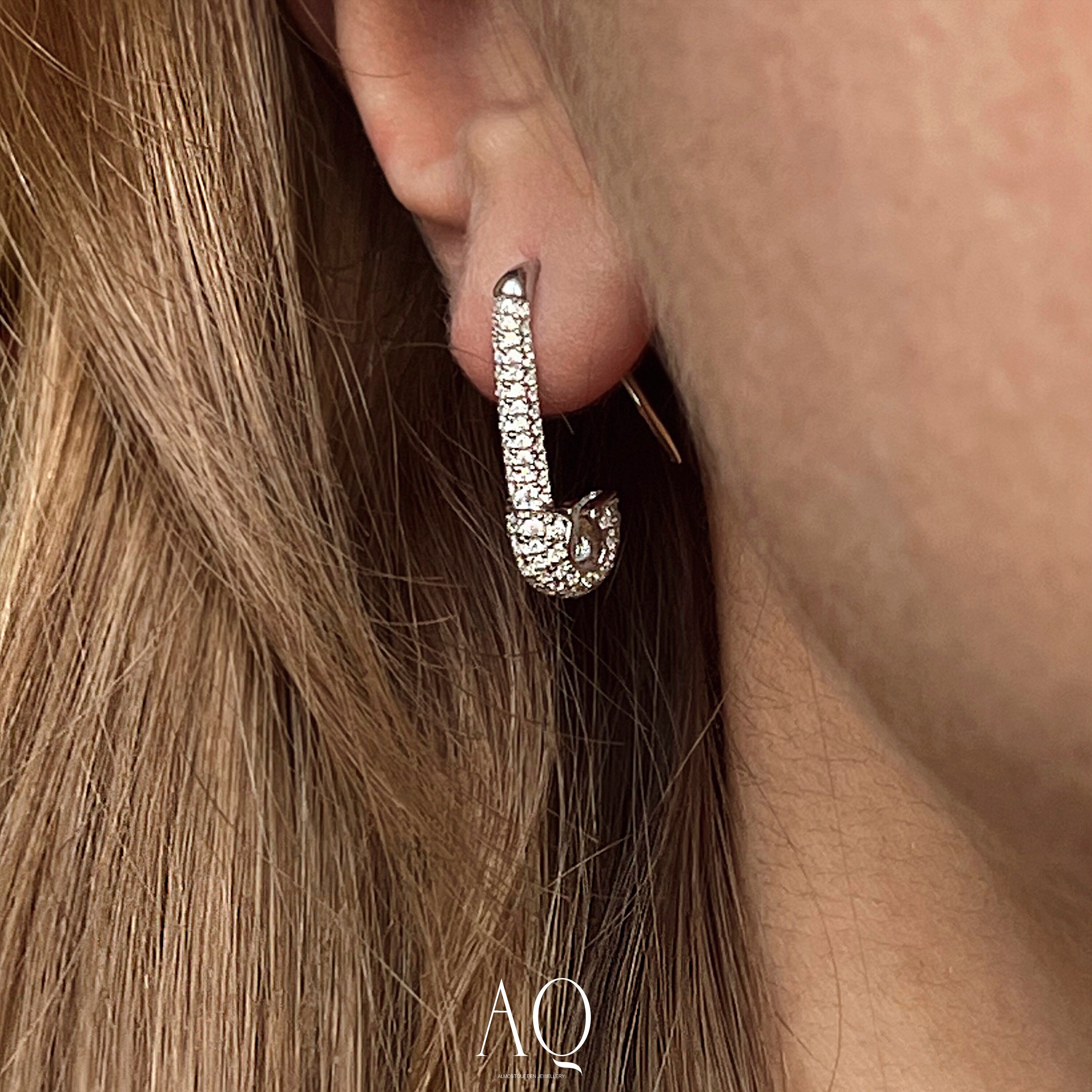 Edgy Punk Safety Pin Earrings. Rhodium-plated Sterling Silver 925 + High Carbon Diamonds.