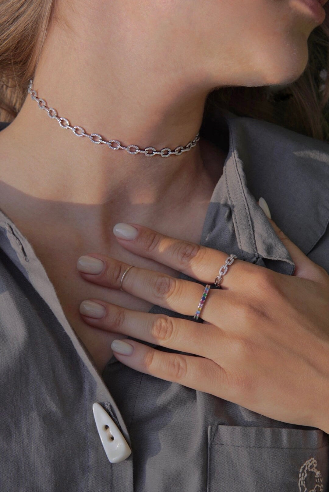 Double Chain Bracelet or Choker. Rhodium-plated Sterling Silver 925 + High Carbon Diamonds.