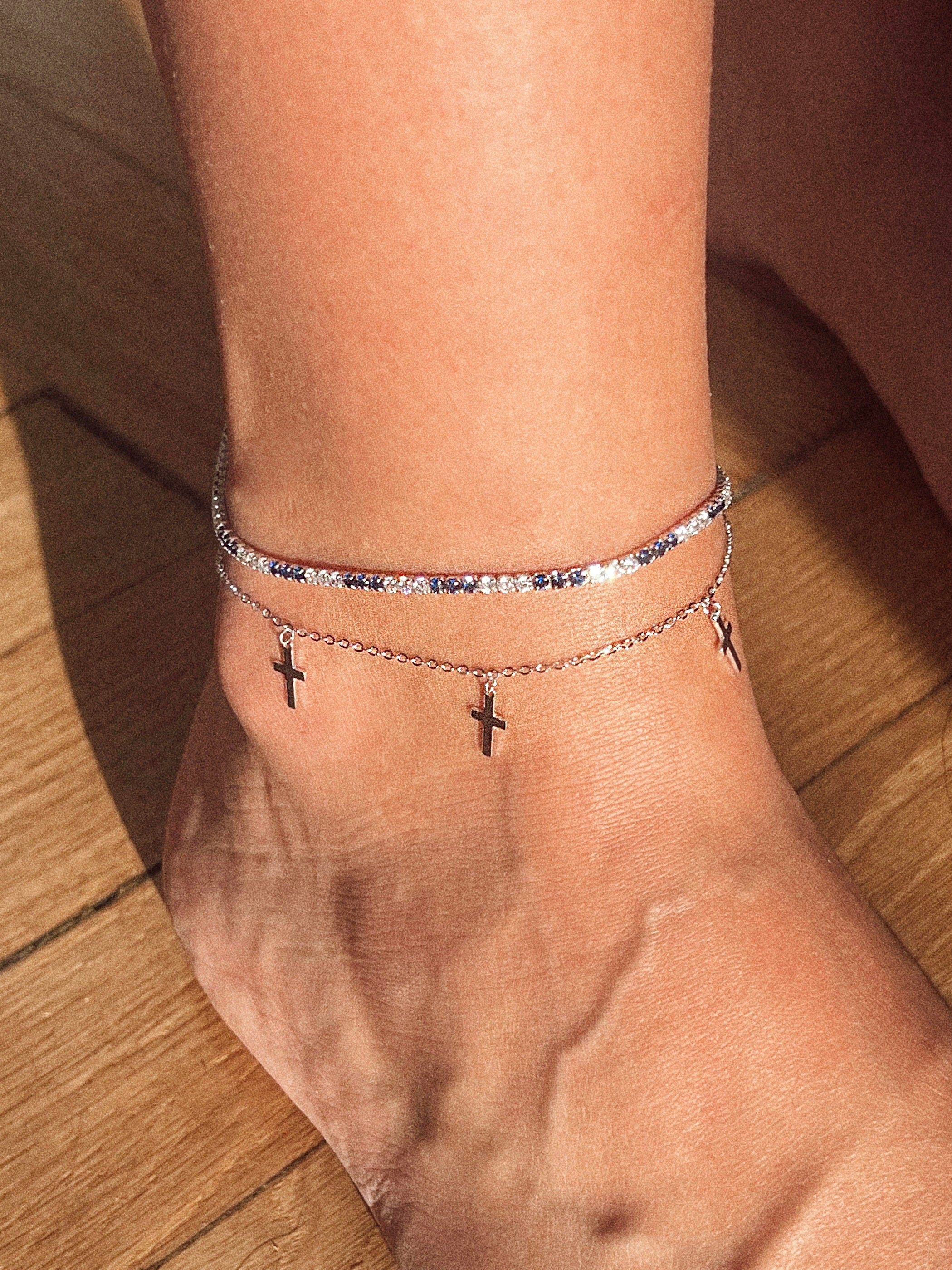 Contrast Tennis Anklet. Rhodium-plated Sterling Silver 925 anklet + High Carbon Diamonds.