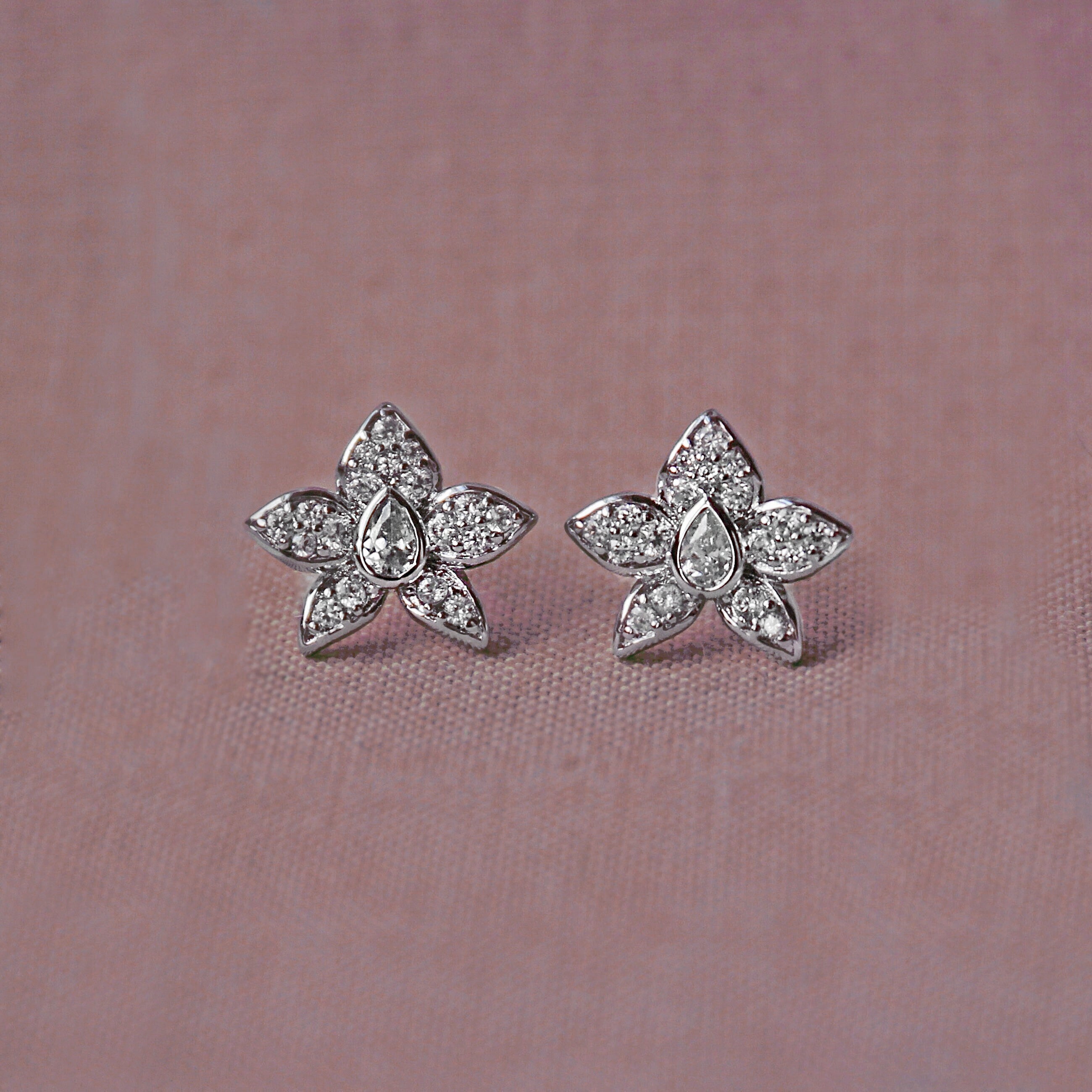 Tiny Orchid Stud Earrings. Rhodium-plated Sterling Silver 925 + High Carbon Diamonds. Flower Earrings.