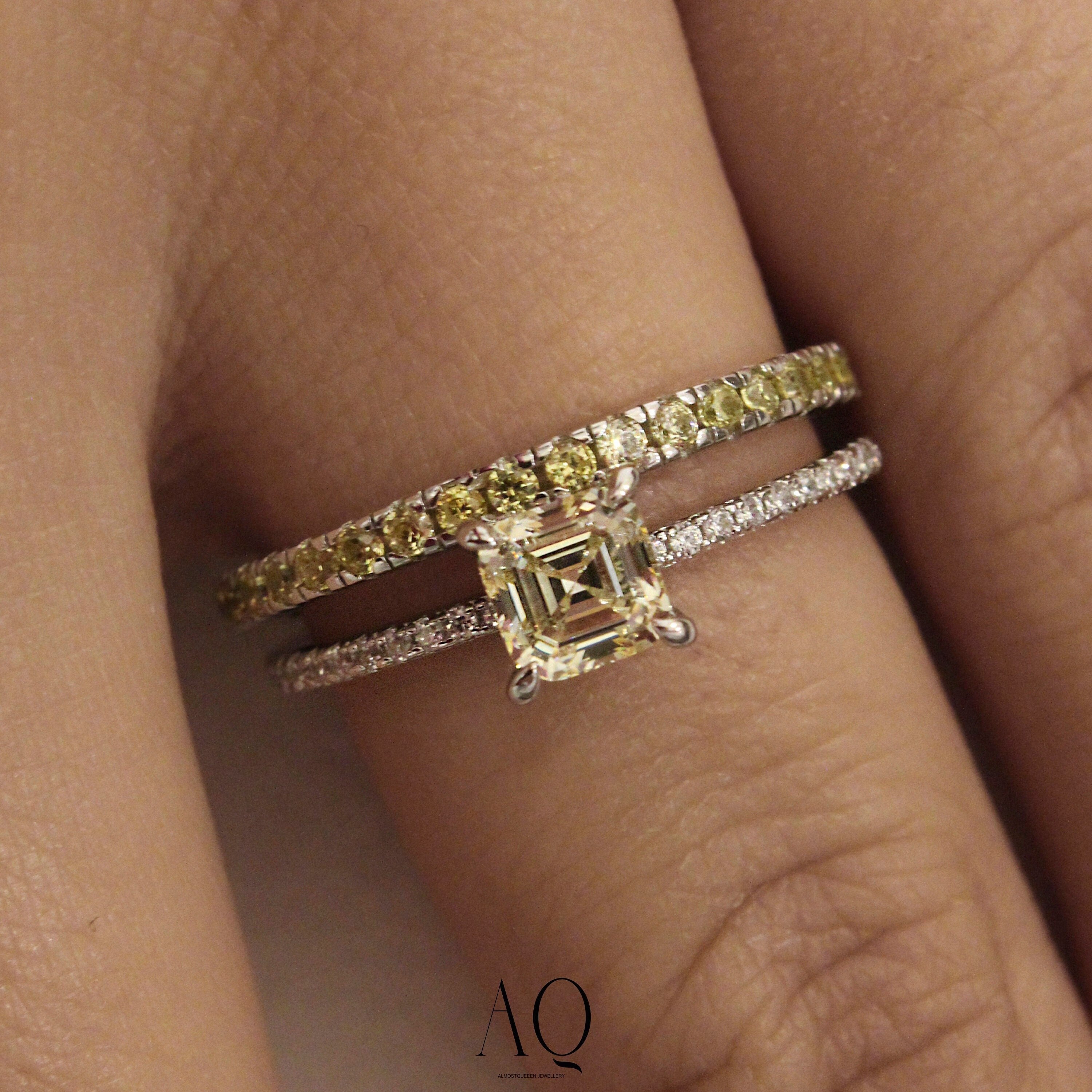 Champagne-Yellow Square Ring. High Carbon Diamonds + Rhodium-plated Sterling Silver 925