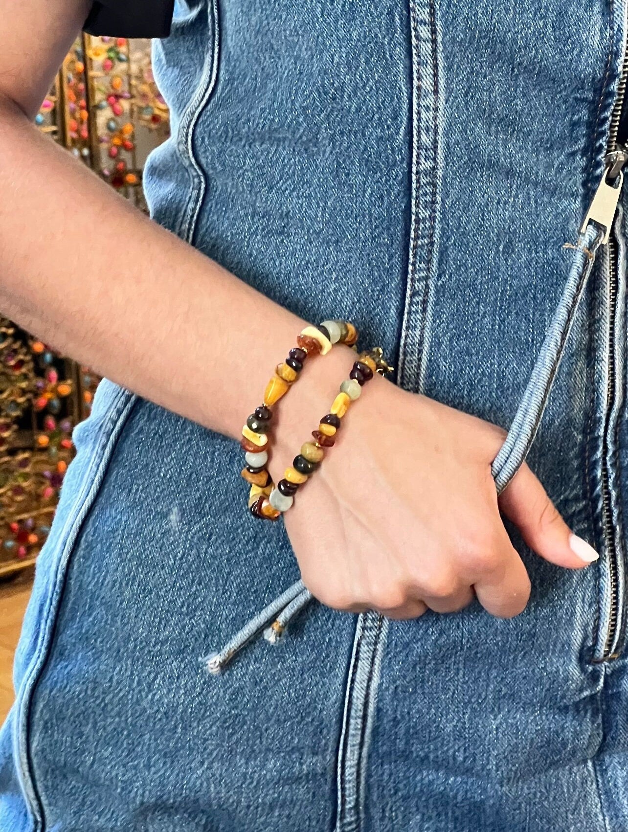 Vintage Amber Double Bracelet: Raw Garnet & Jade.