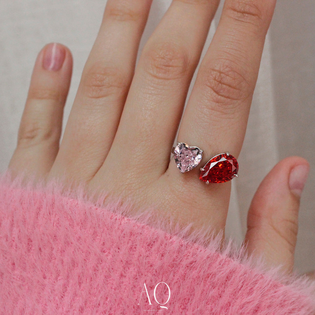 Heart & Pear Cut Ring. Resizable. Rhodium-plated Sterling Silver 925 + High Carbon Diamonds.