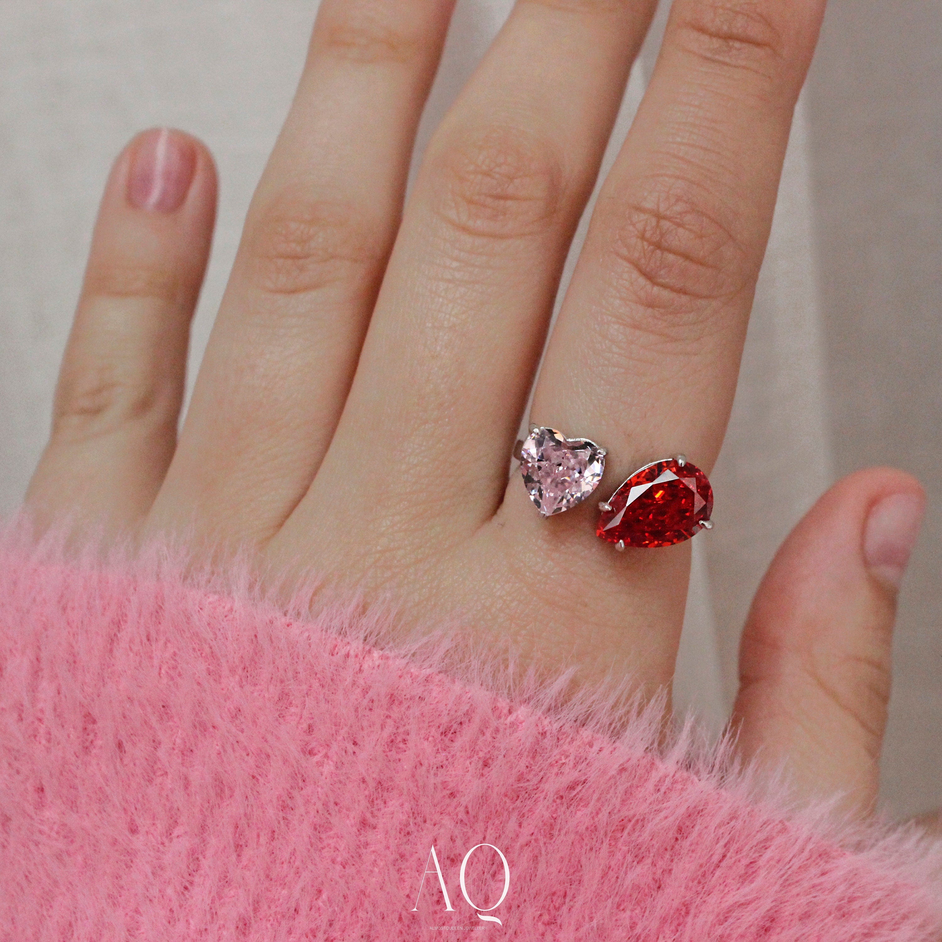 Heart & Pear Cut Ring. Resizable. Rhodium-plated Sterling Silver 925 + High Carbon Diamonds.