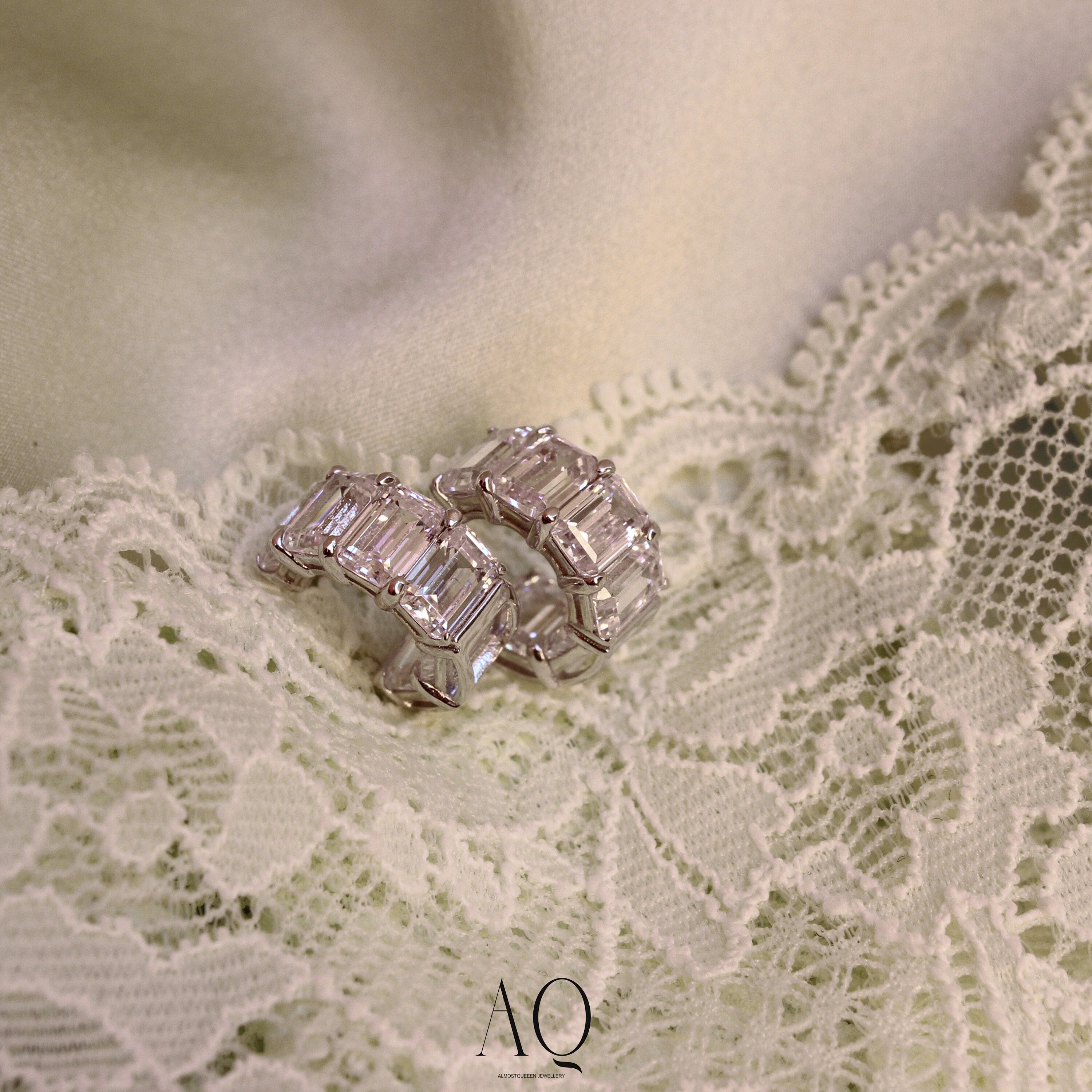 Magnificent Emerald Cut Mini Hoop Stud Earrings. Rhodium-plated Sterling Silver 925 + High Carbon Diamonds.