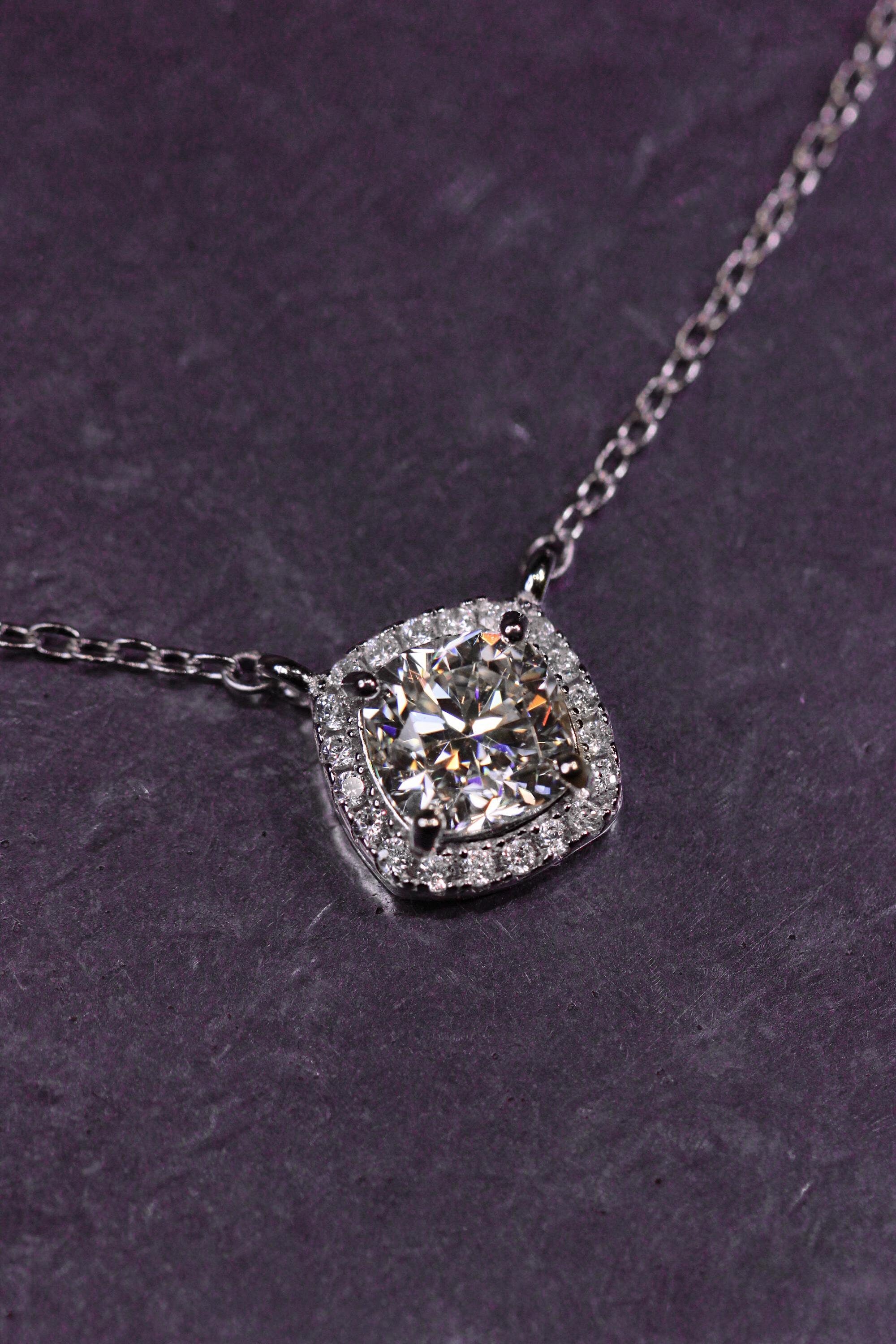 Moissanite Cushion Pendant: Rhodium Plated Sterling Silver 925 Necklace