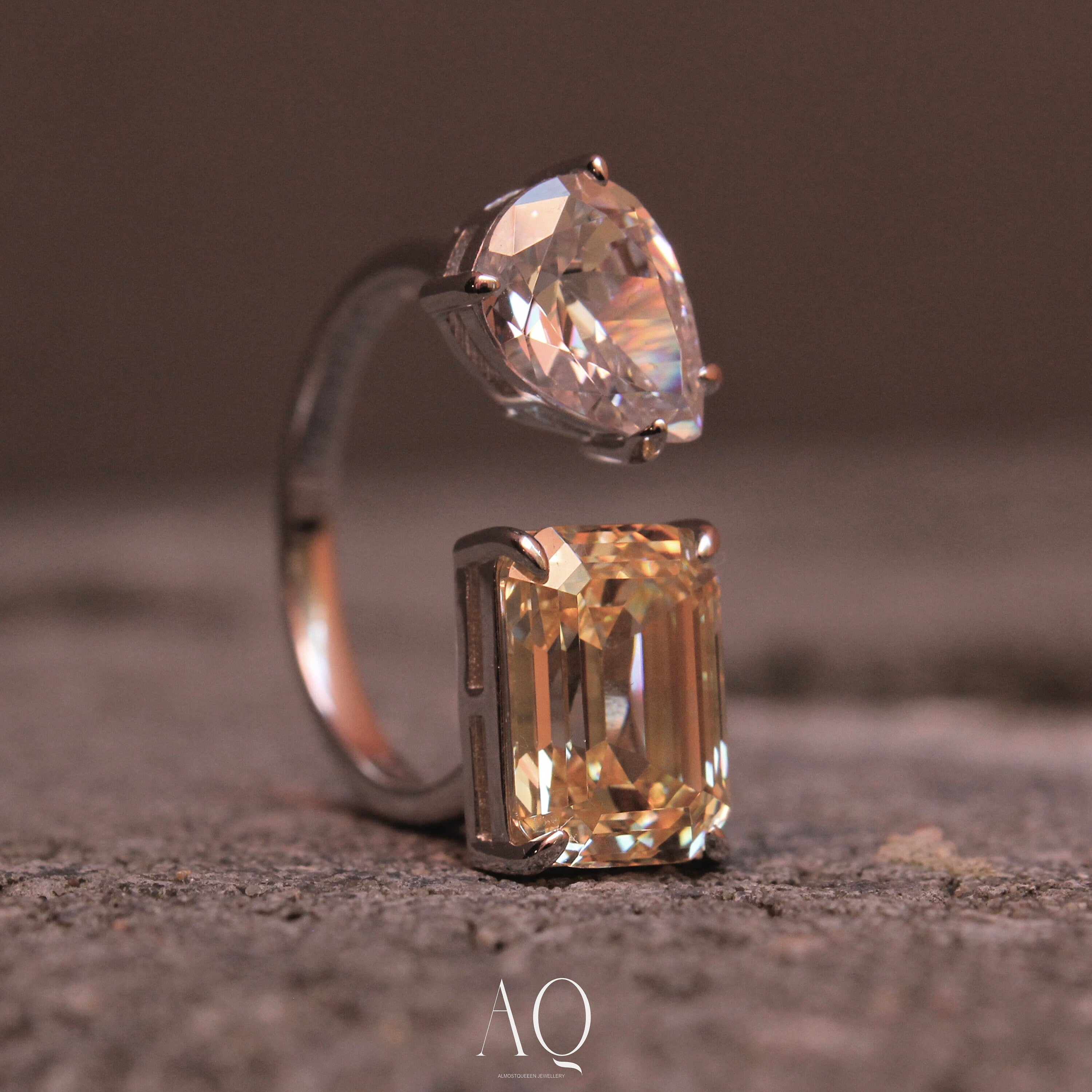 Yellow Emerald & Pear Cut Sterling Silver Ring - Resizable