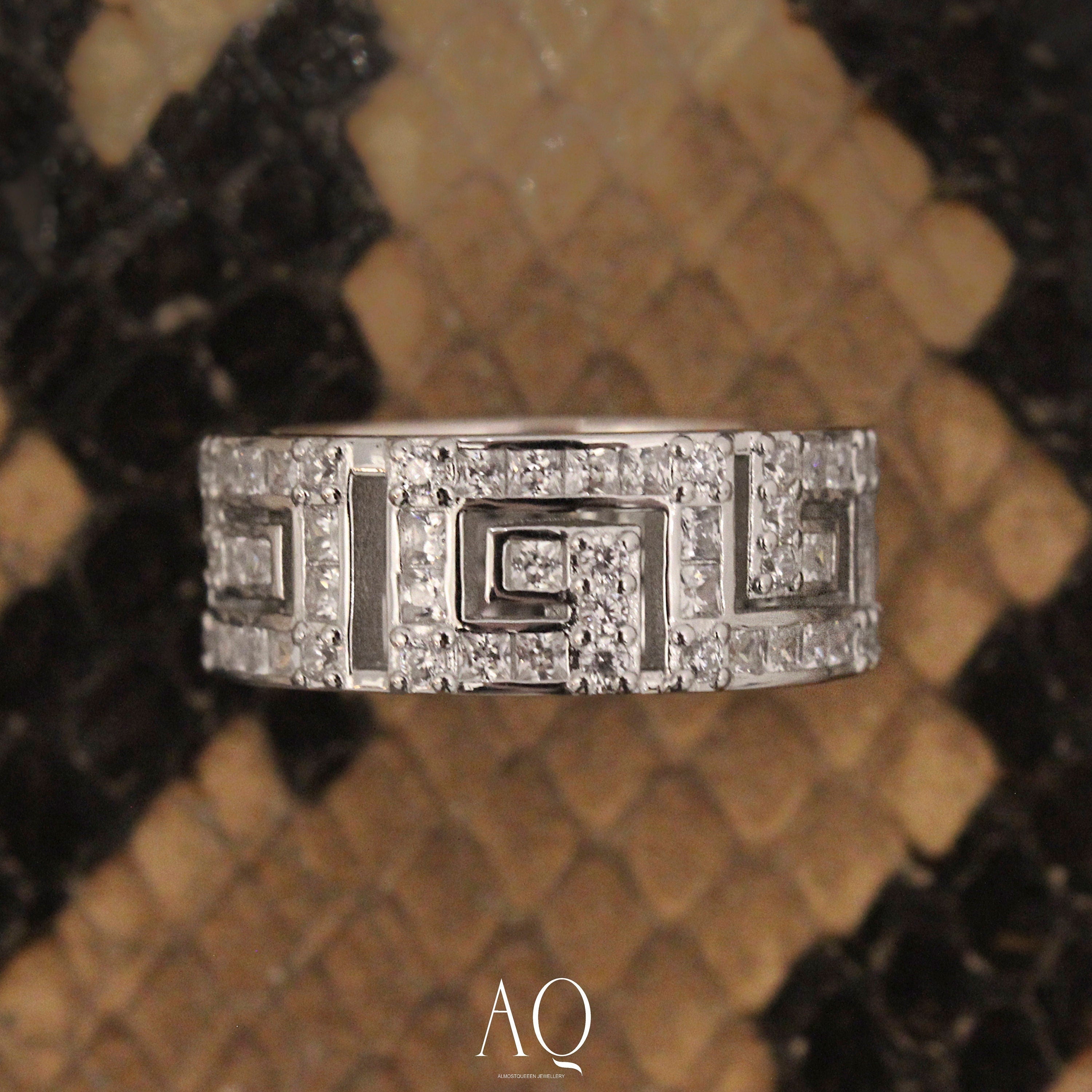 Antique Pattern Sterling Silver Ring: High Carbon Diamond Wide Band