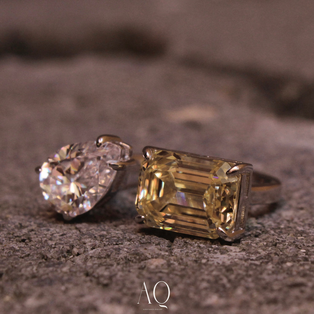 Yellow Emerald & Pear Cut Sterling Silver Ring - Resizable