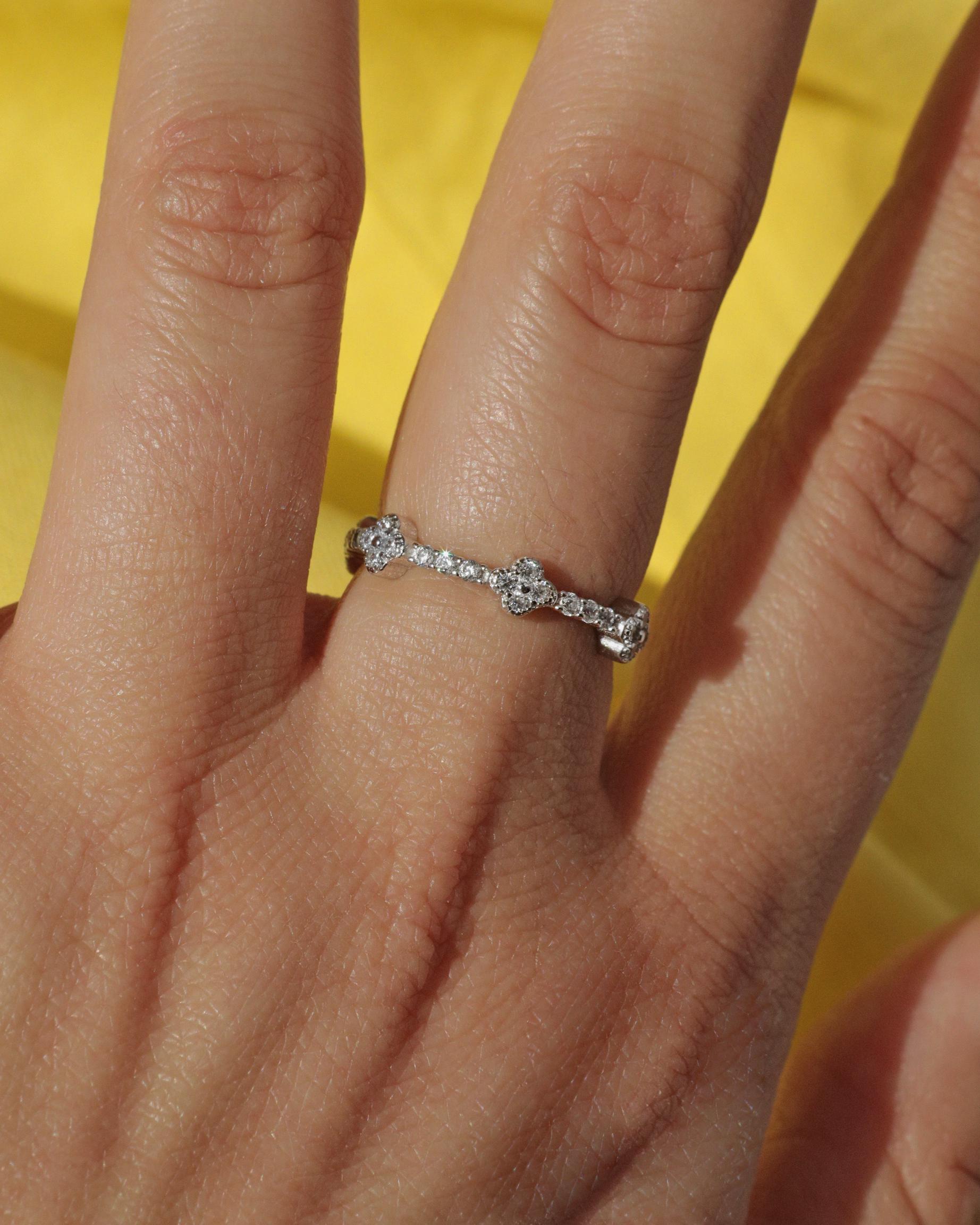 Lucky Clover Ring: Rhodium Plated Sterling Silver with High Carbon Diamonds.