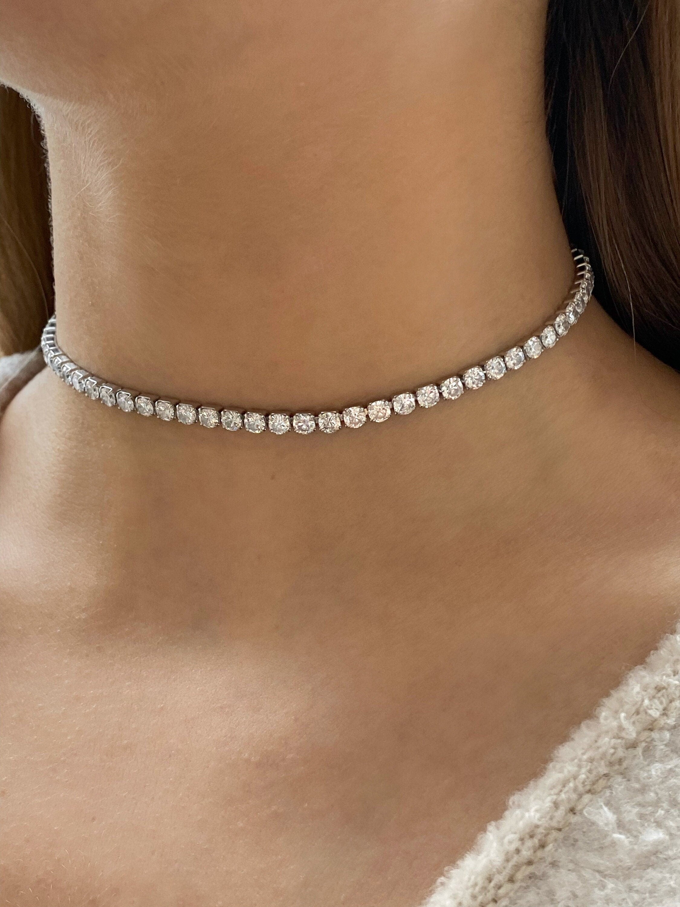 Tennis Choker/Necklace. Adjustable length. Rhodium-plated Sterling Silver 925 + High Carbon Diamonds.