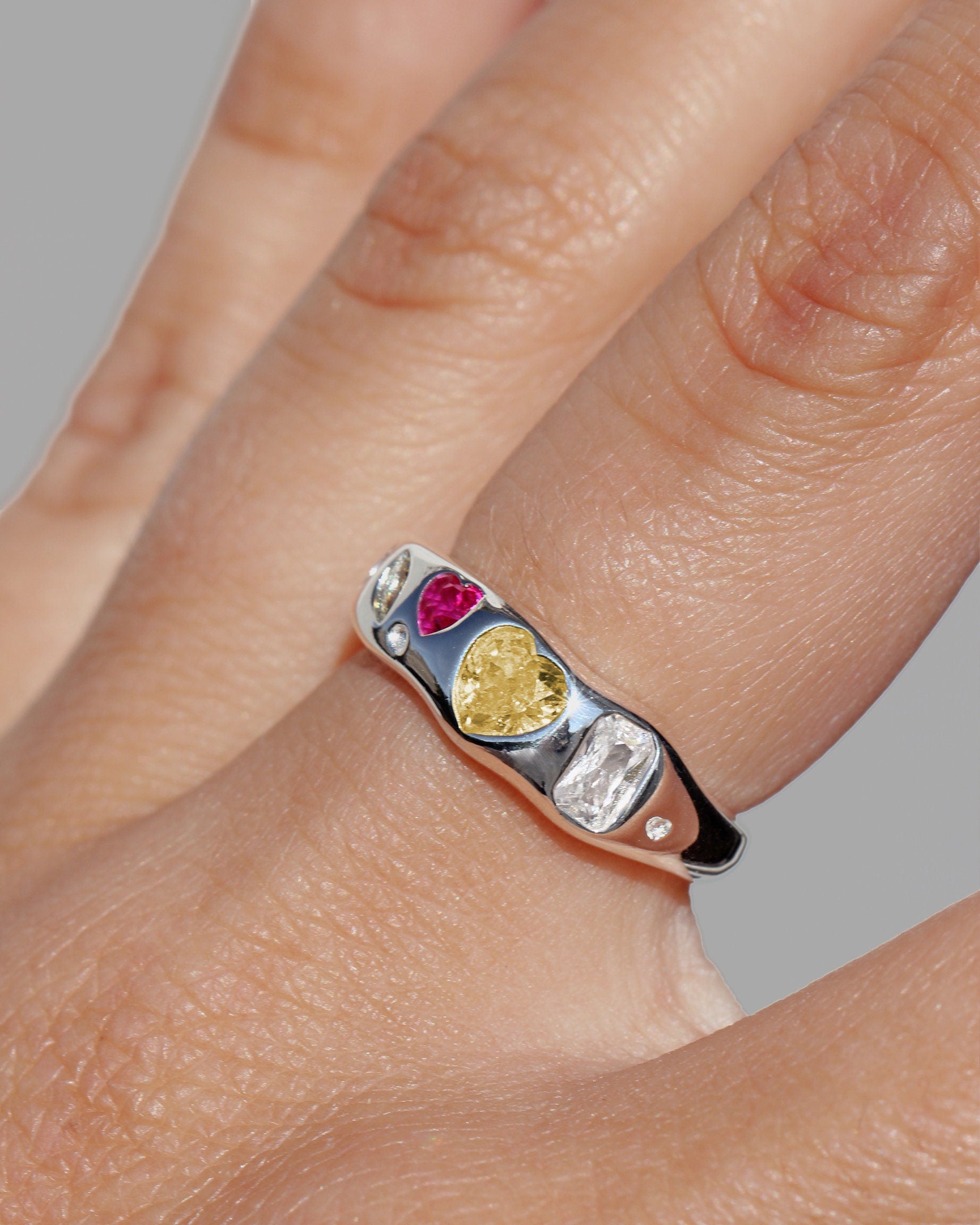 Resizable Sterling Silver Ring with Colorful High Carbon Diamonds
