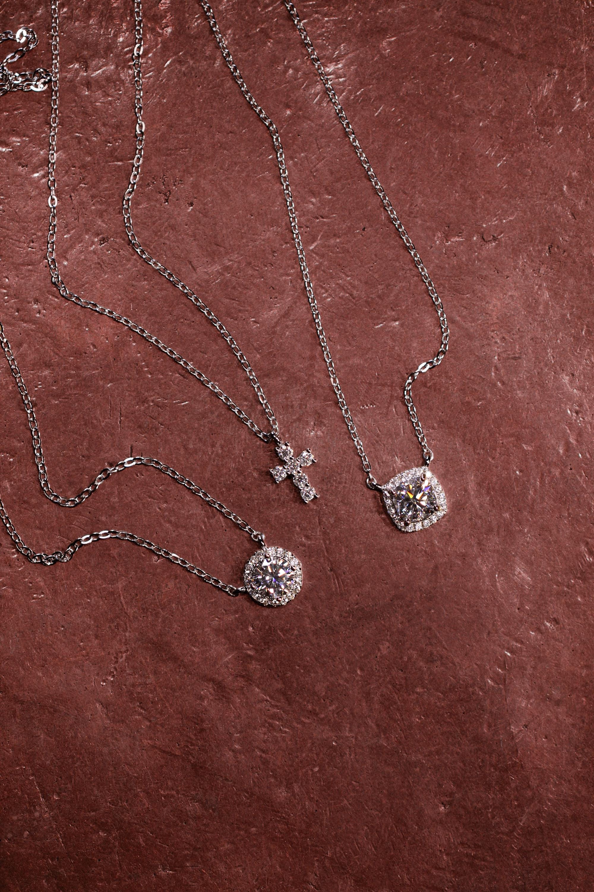 Moissanite Cross Pendant: Rhodium Plated Sterling Silver 925 Necklace.