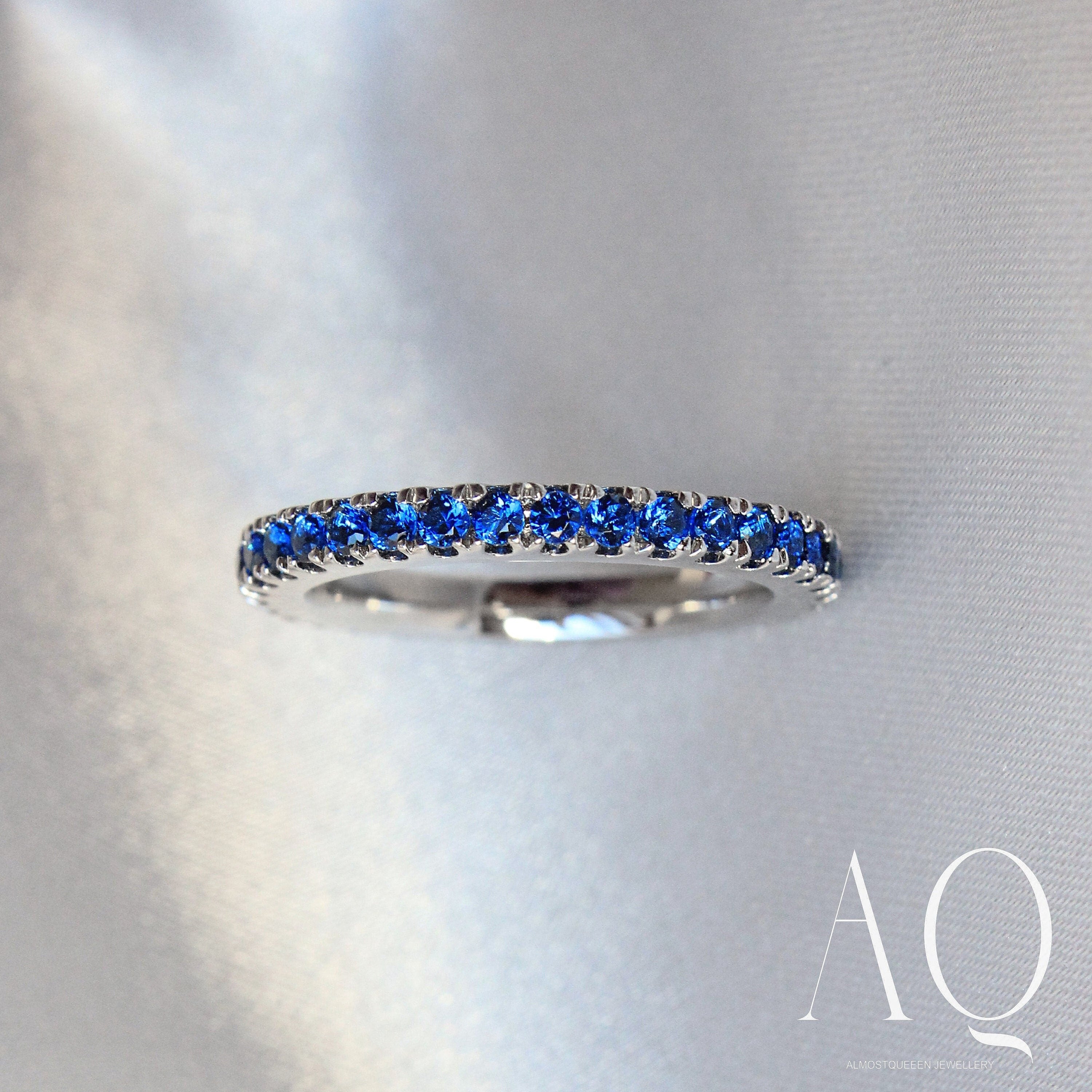 Blue Thin Eternity Ring. Rhodium-plated Sterling Silver 925 + High Carbon Diamonds.