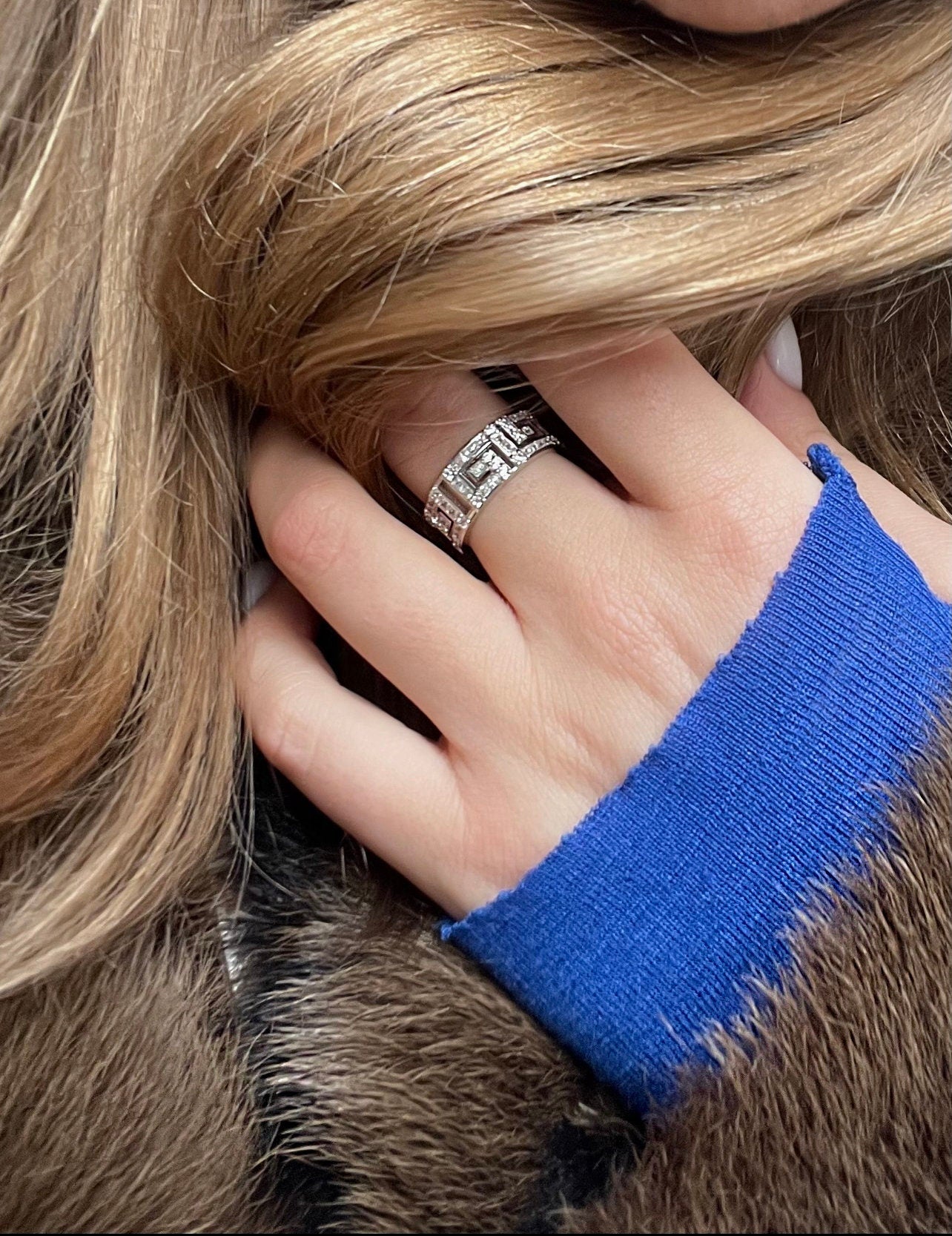 Antique Pattern Sterling Silver Ring: High Carbon Diamond Wide Band