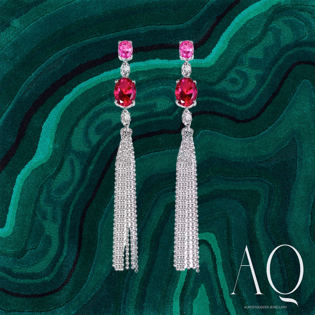 Long Ruby Statement Earrings with Chain Brushes.